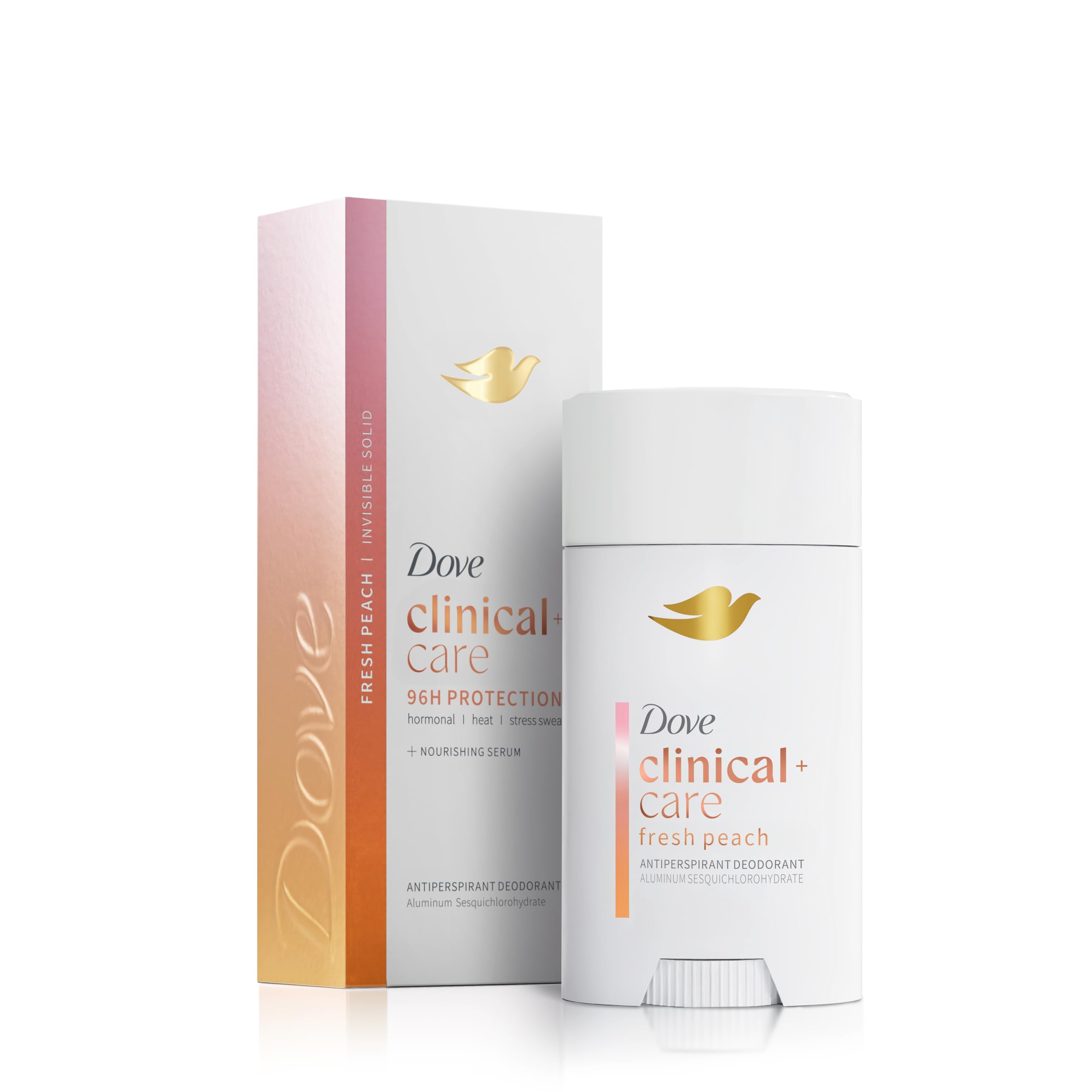 Dove Clinical y Care desodorante en barra transparente con fragancia durazno.