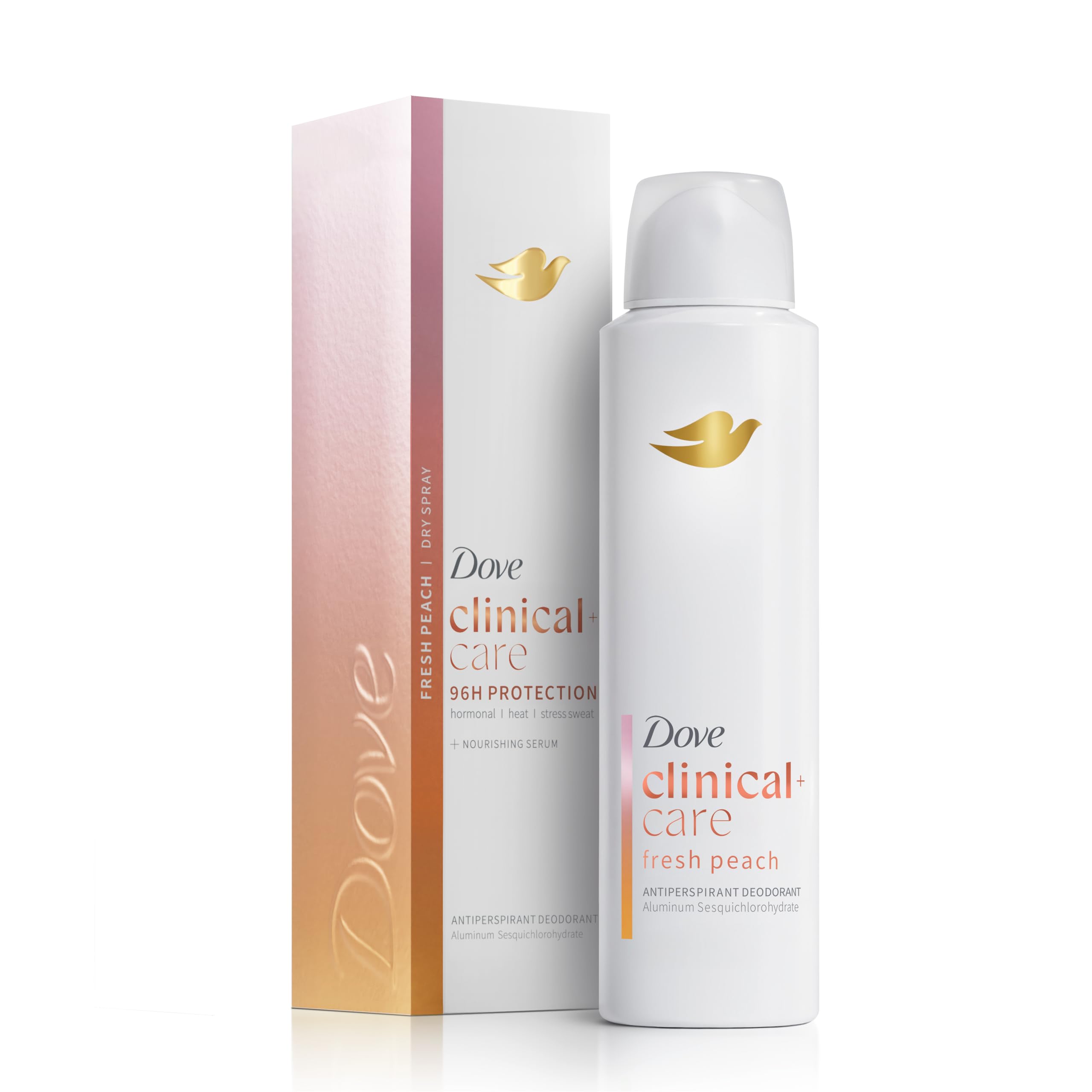 Dove Clinical + Care desodorante en aerosol con durazno para uso diario.