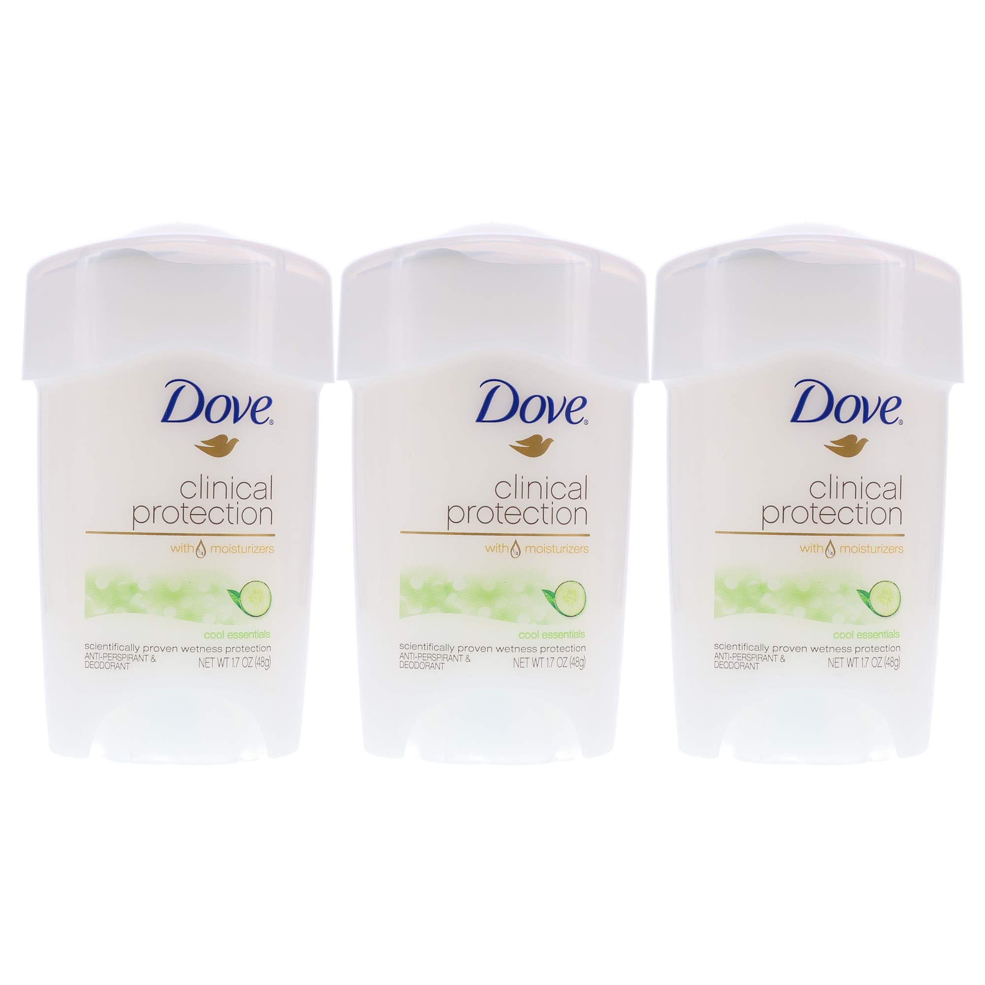 Dove Clinical Protection Cool Essentials deodorant tube shown from the front for daily use.