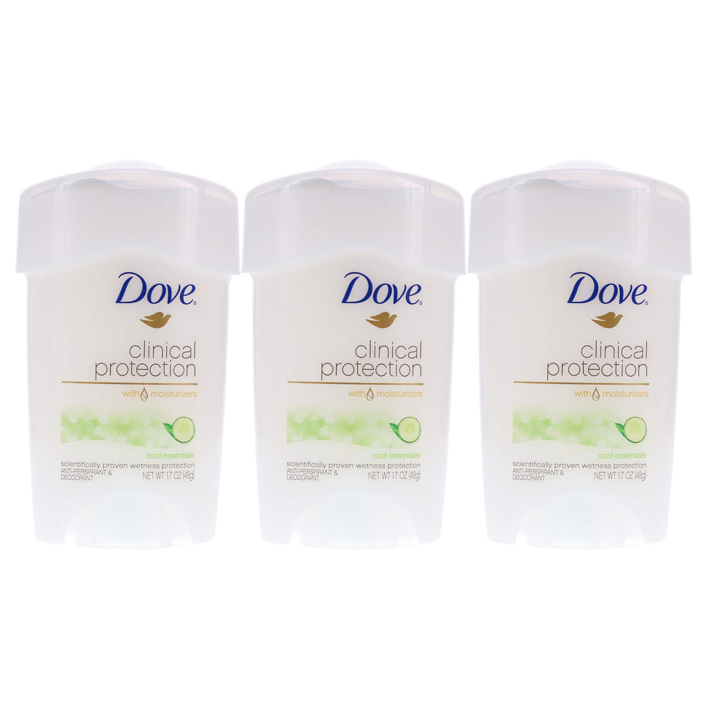 Dove Clinical Protection Cool Essentials deodorant tube shown from the front for daily use.