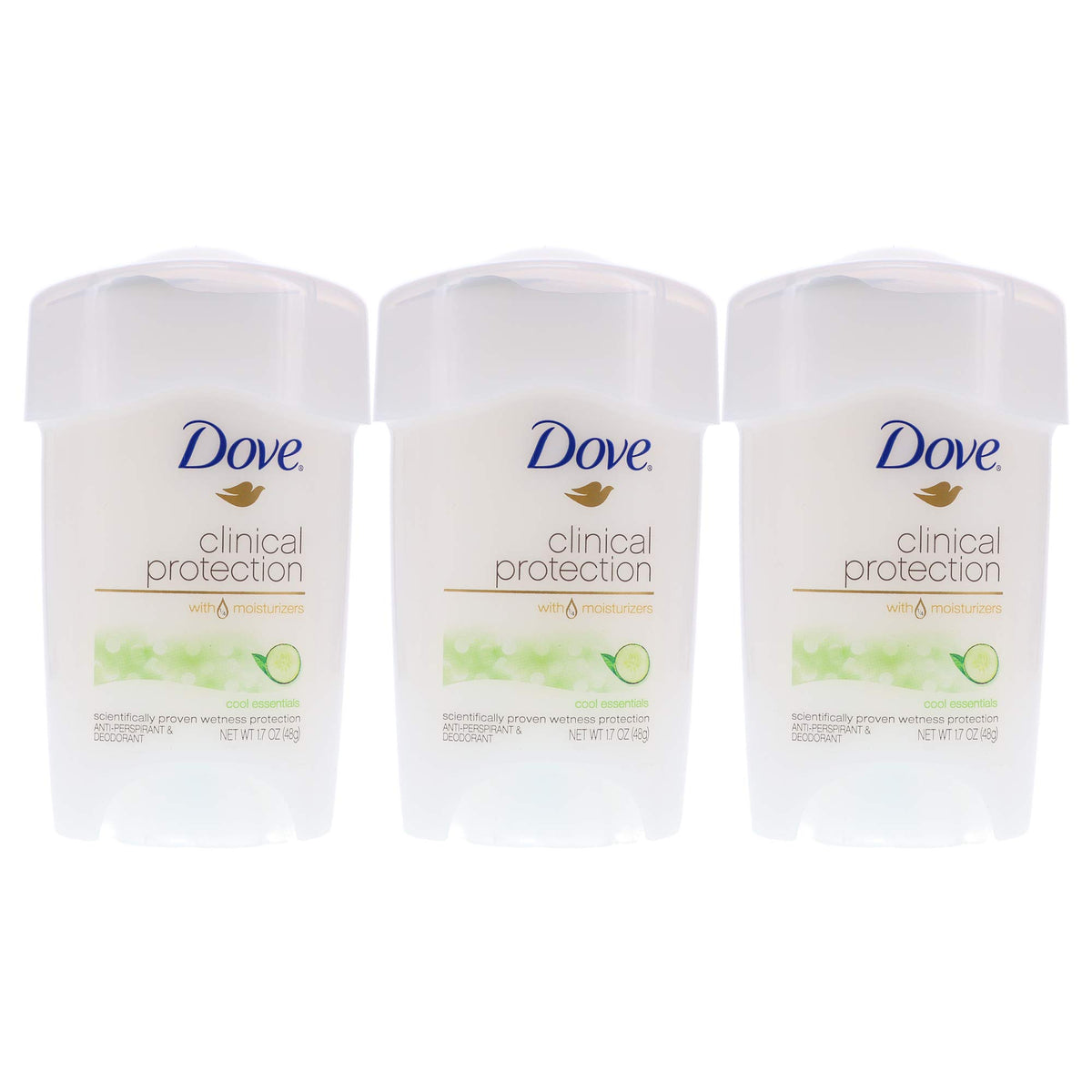 Dove Clinical Protection Cool Essentials deodorant tube shown from the front for daily use.