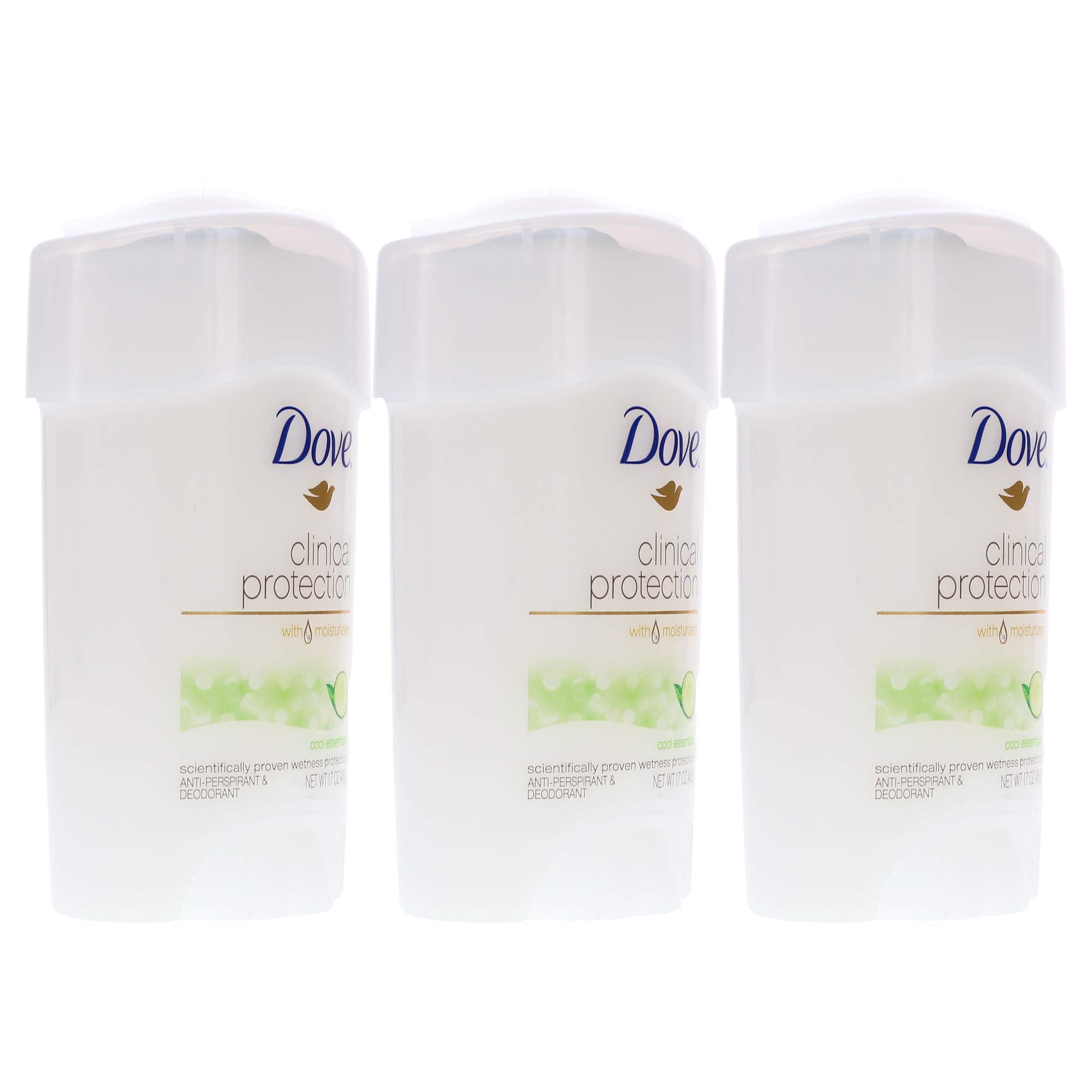 Dove Clinical Protection Cool Essentials deodorant with dermatologist endorsement badge on sleek packaging.