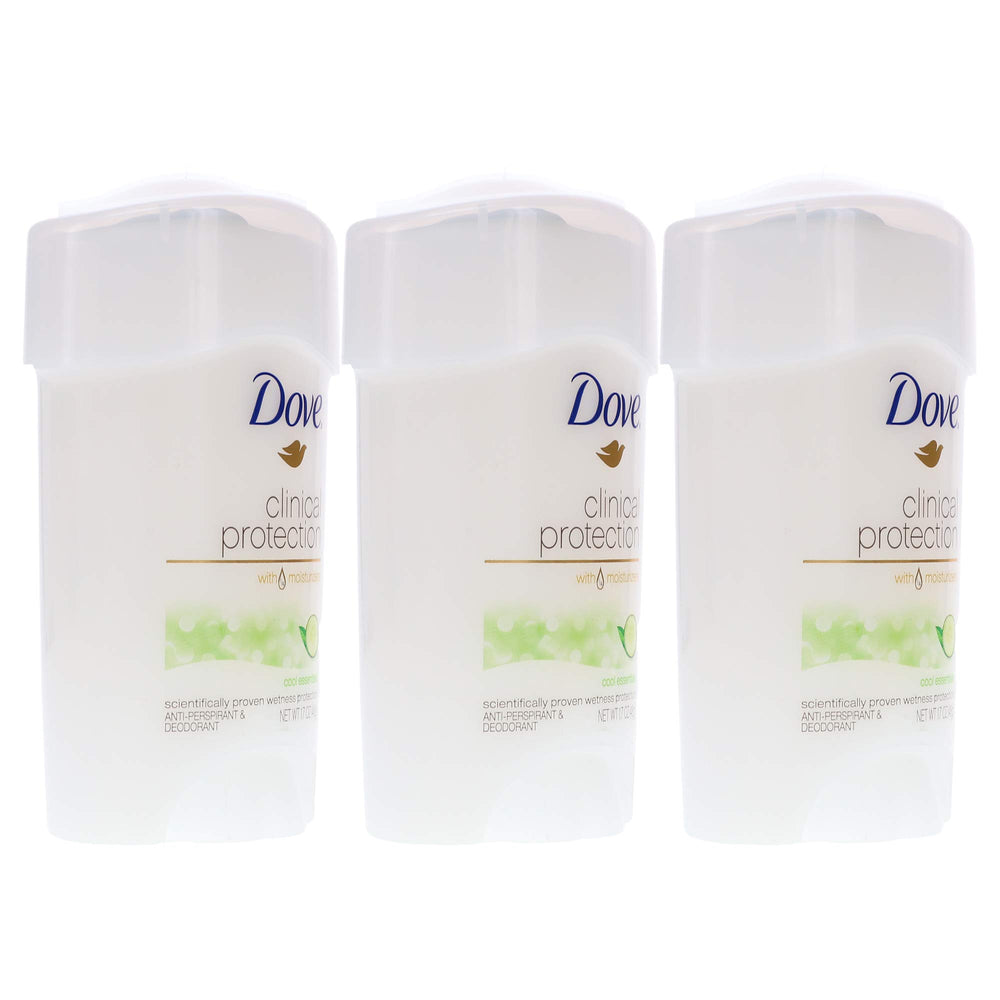 Dove Clinical Protection Cool Essentials deodorant with dermatologist endorsement badge on sleek packaging.