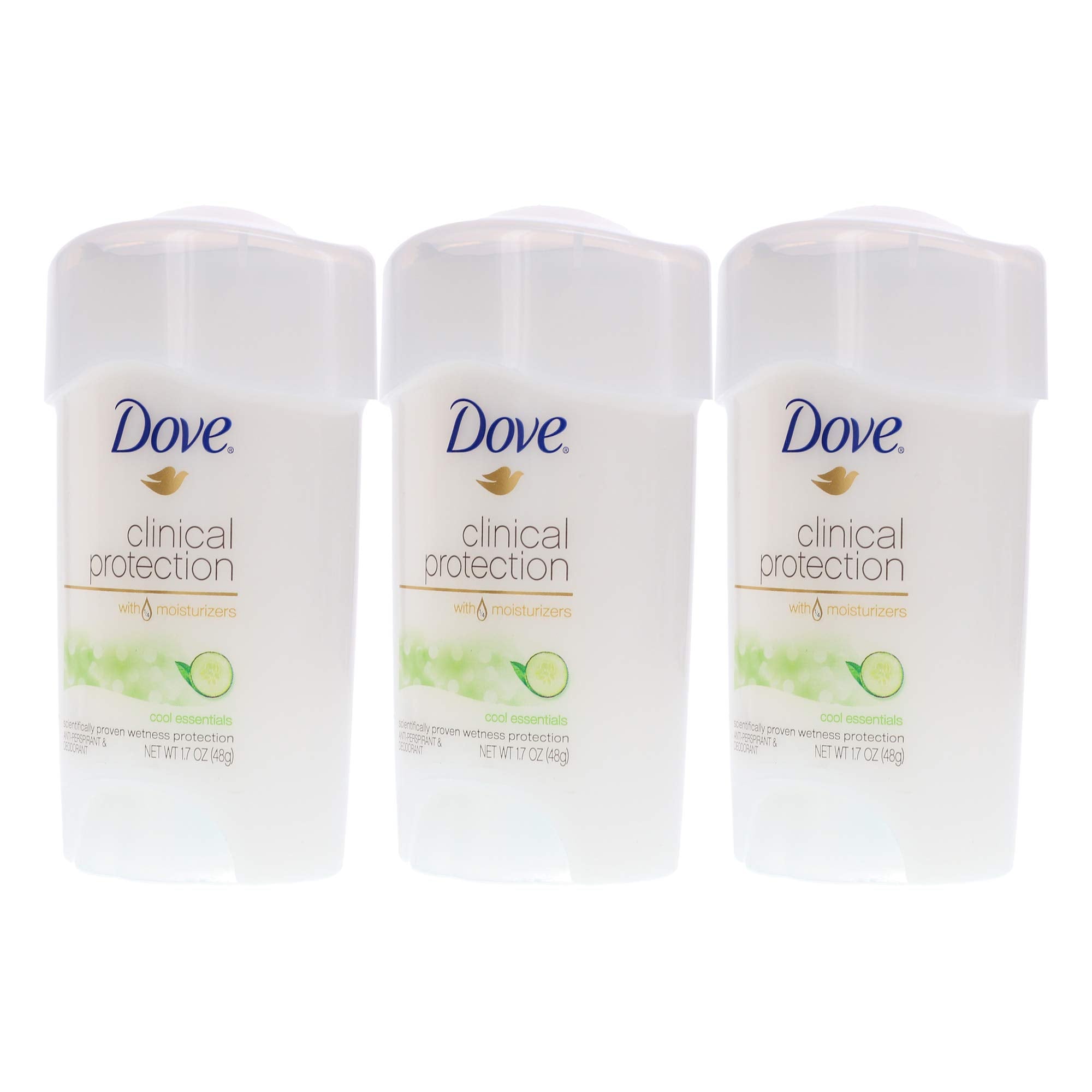 Dove Clinical Protection Cool Essentials packaging displayed to emphasize value in a 3-pack.