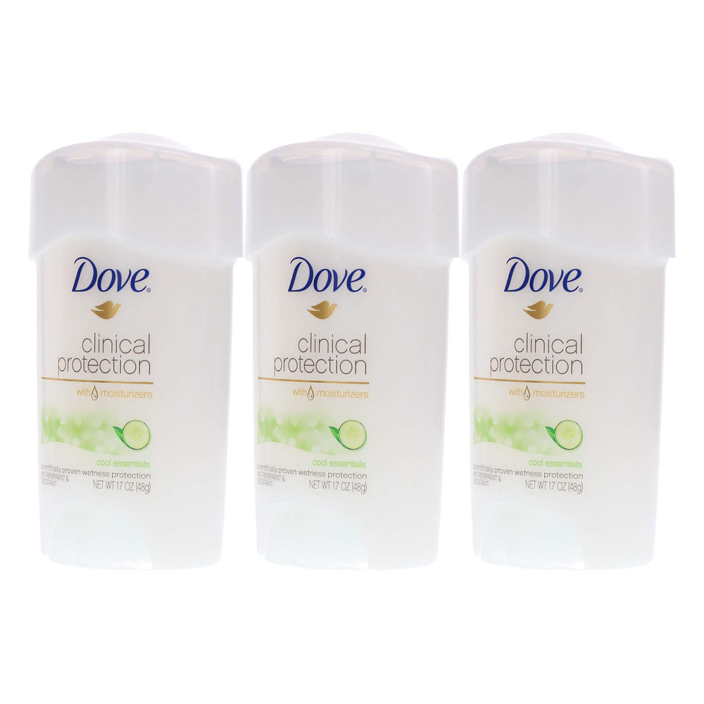 Dove Clinical Protection Cool Essentials packaging displayed to emphasize value in a 3-pack.