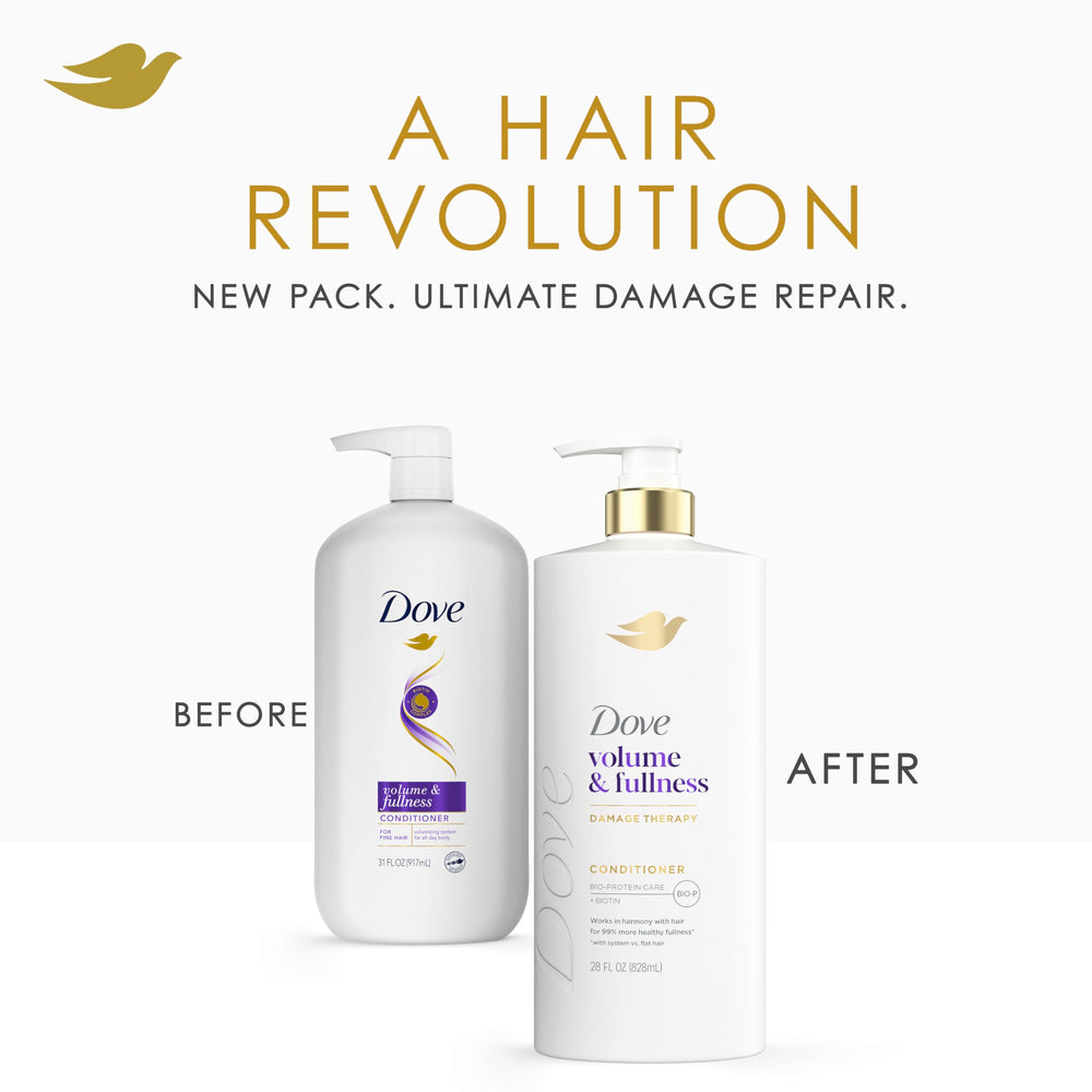 Dove Acondicionador Volumen y Plenitud brillo saludable en cabellos finos.