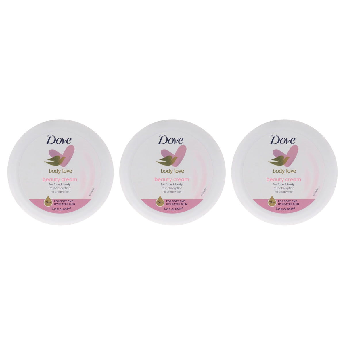 Dove crema rosa, paquete de tres frascos para hidratación suave.