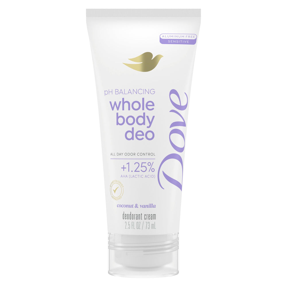 Dove crema desodorante coco vainilla para uso corporal con aroma fresco.
