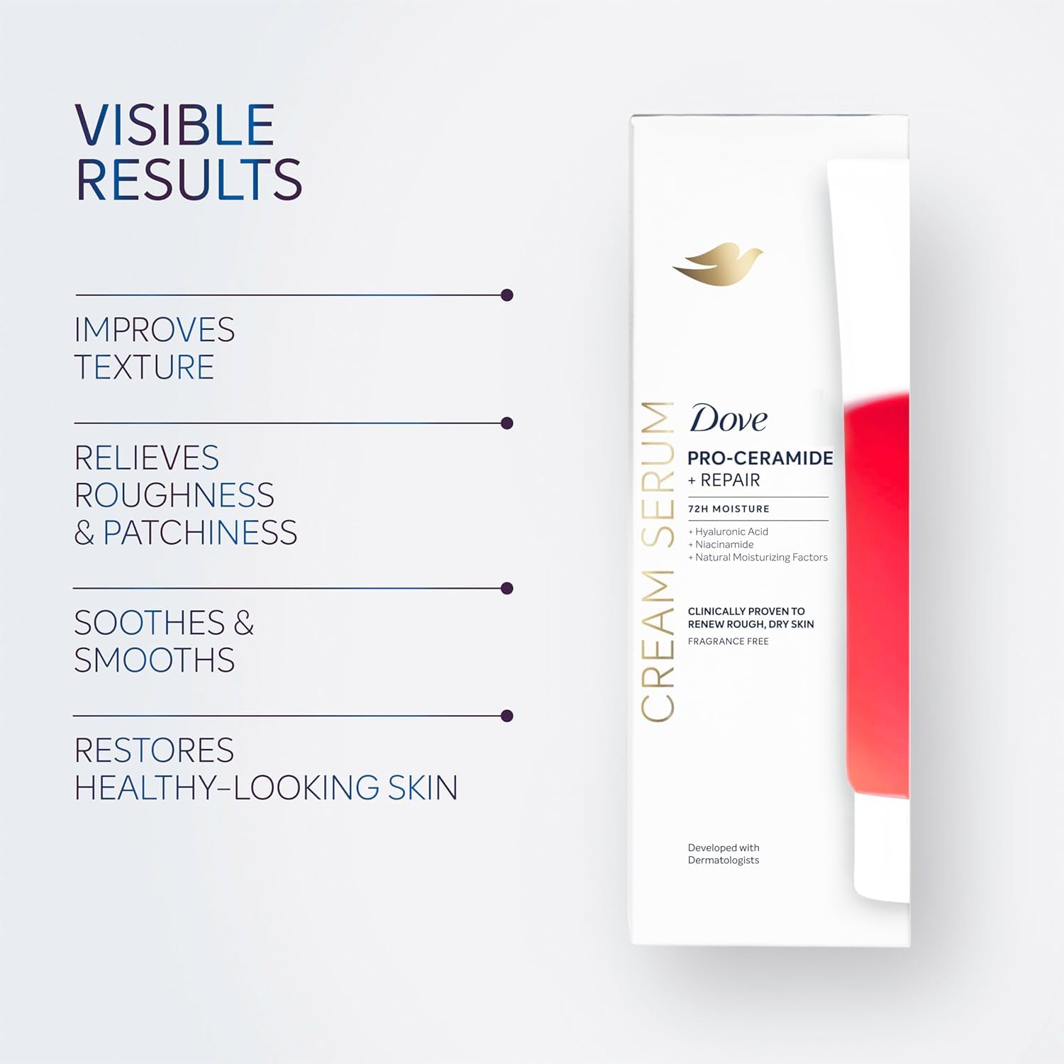 Dove crema-serum, aprobado dermatológicamente para piel sensible.