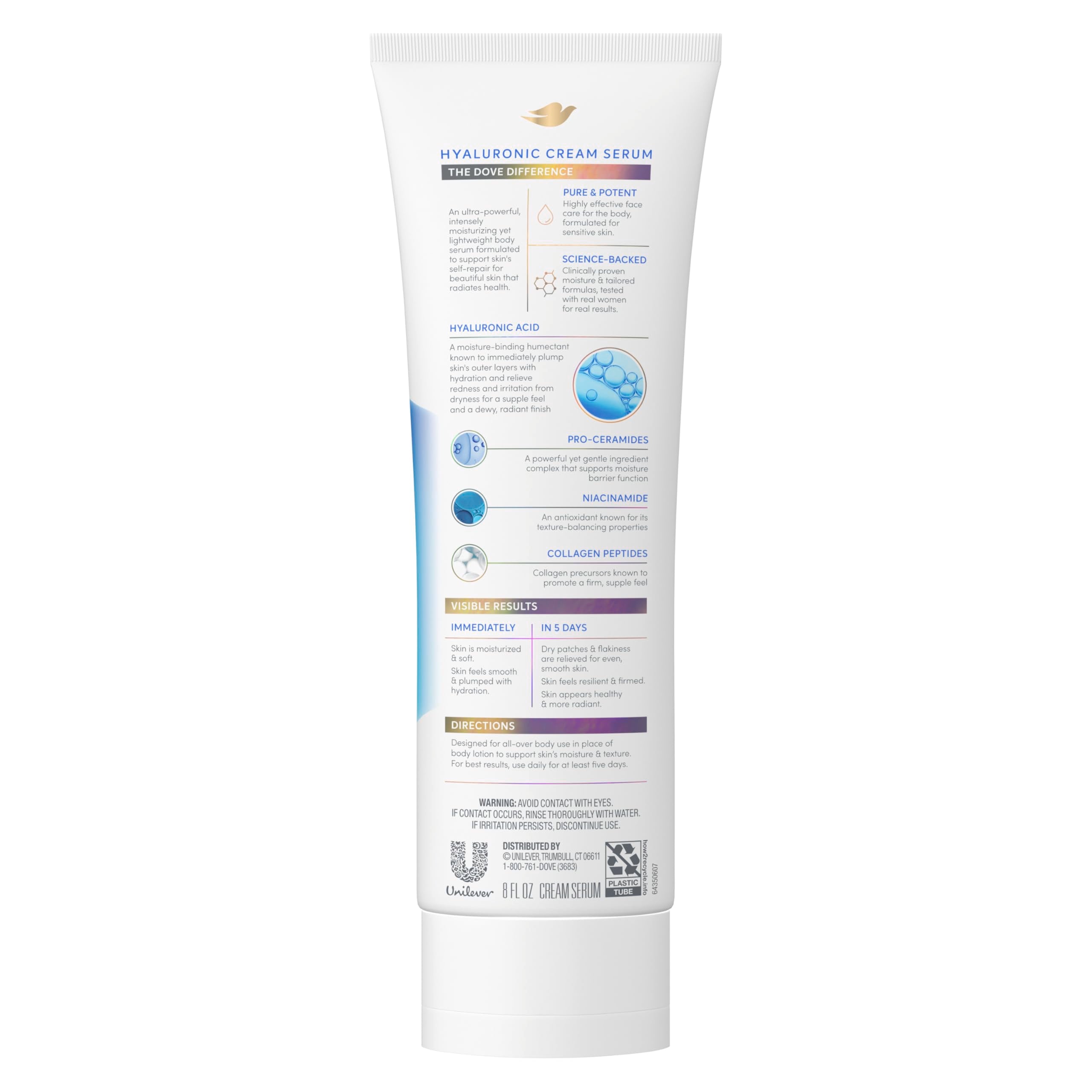 Dove Crema Serum Hialurónico, aplicación diaria para suavizar la piel.