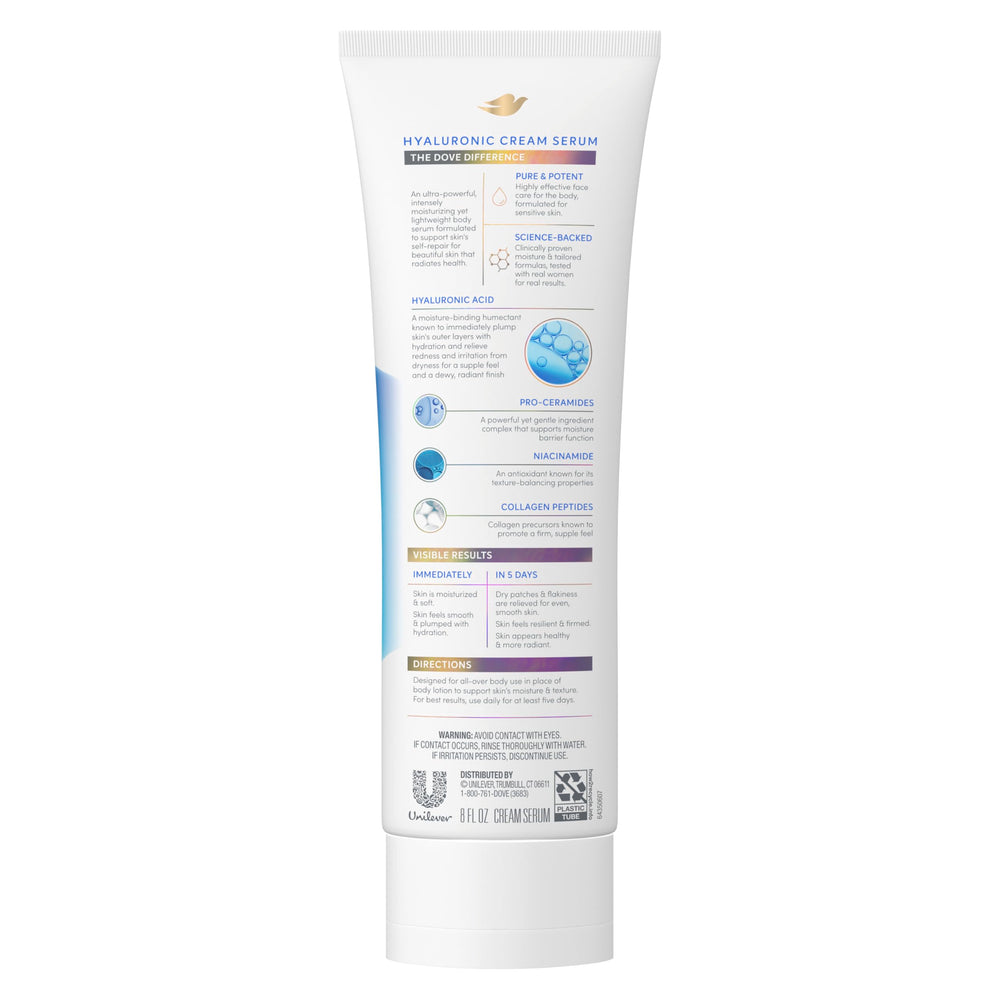 Dove Crema Serum Hialurónico, aplicación diaria para suavizar la piel.