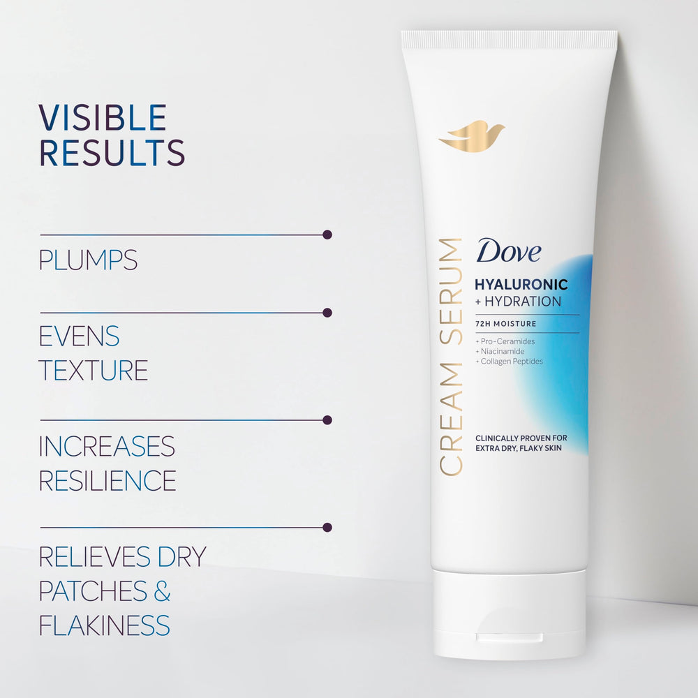 Dove Crema Serum Hialurónico, hidratación de 72 horas para piel más cómoda.