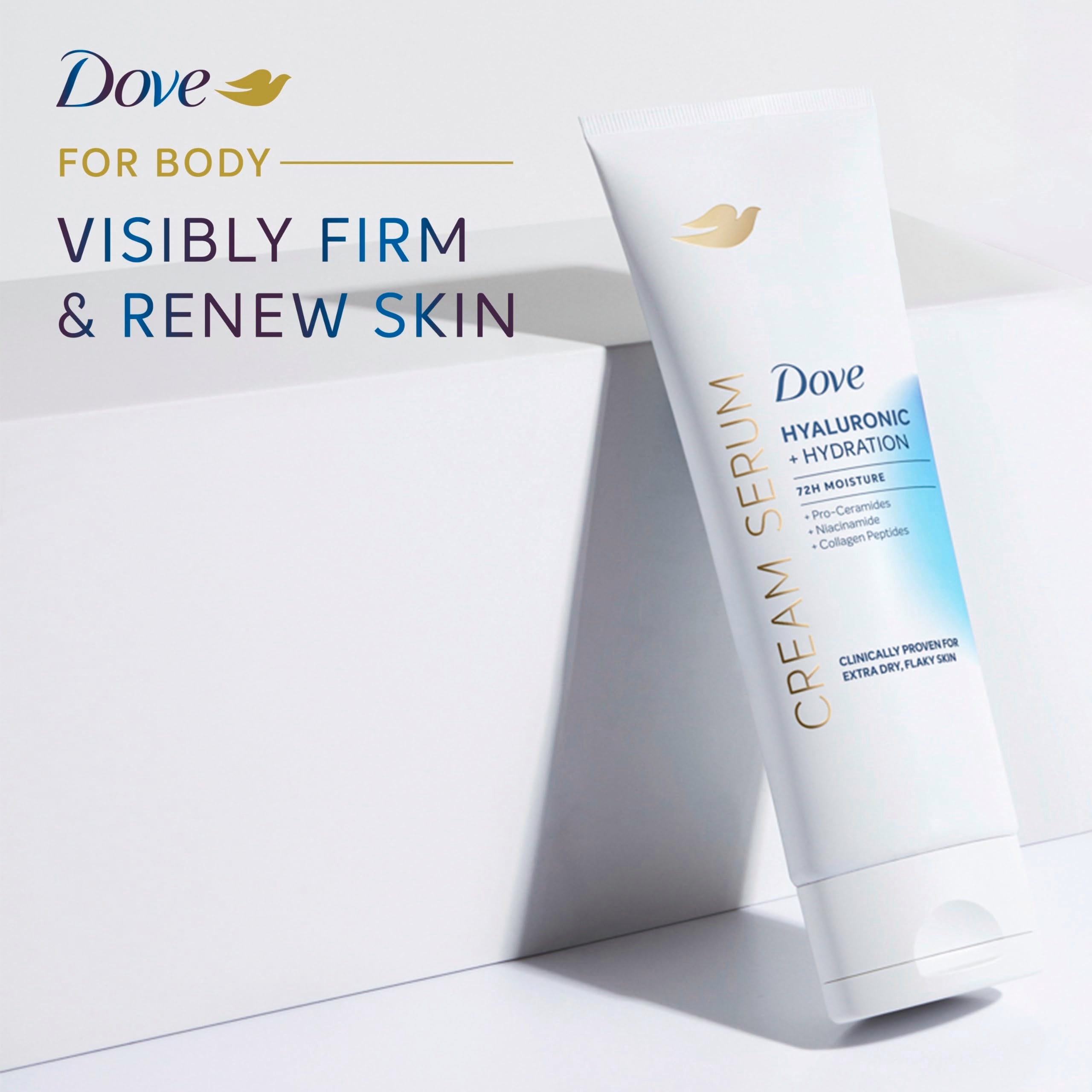 Dove Crema Serum Hialurónico, ideal para piel seca y parches leves.