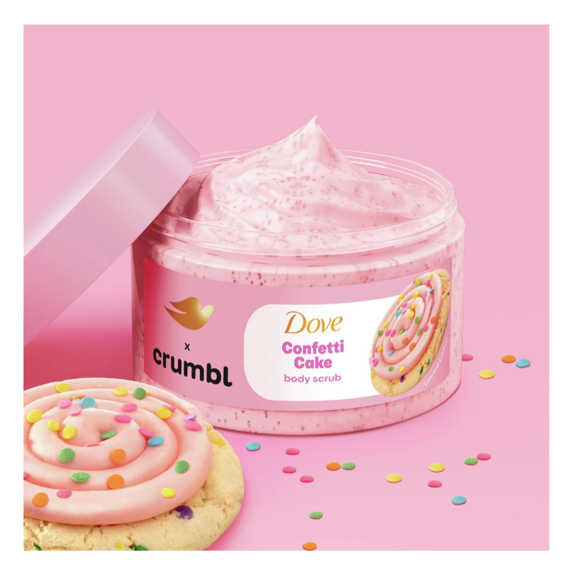 Dove Crumbl Confetti Cake body scrub texture closeup showing gentle exfoliation.