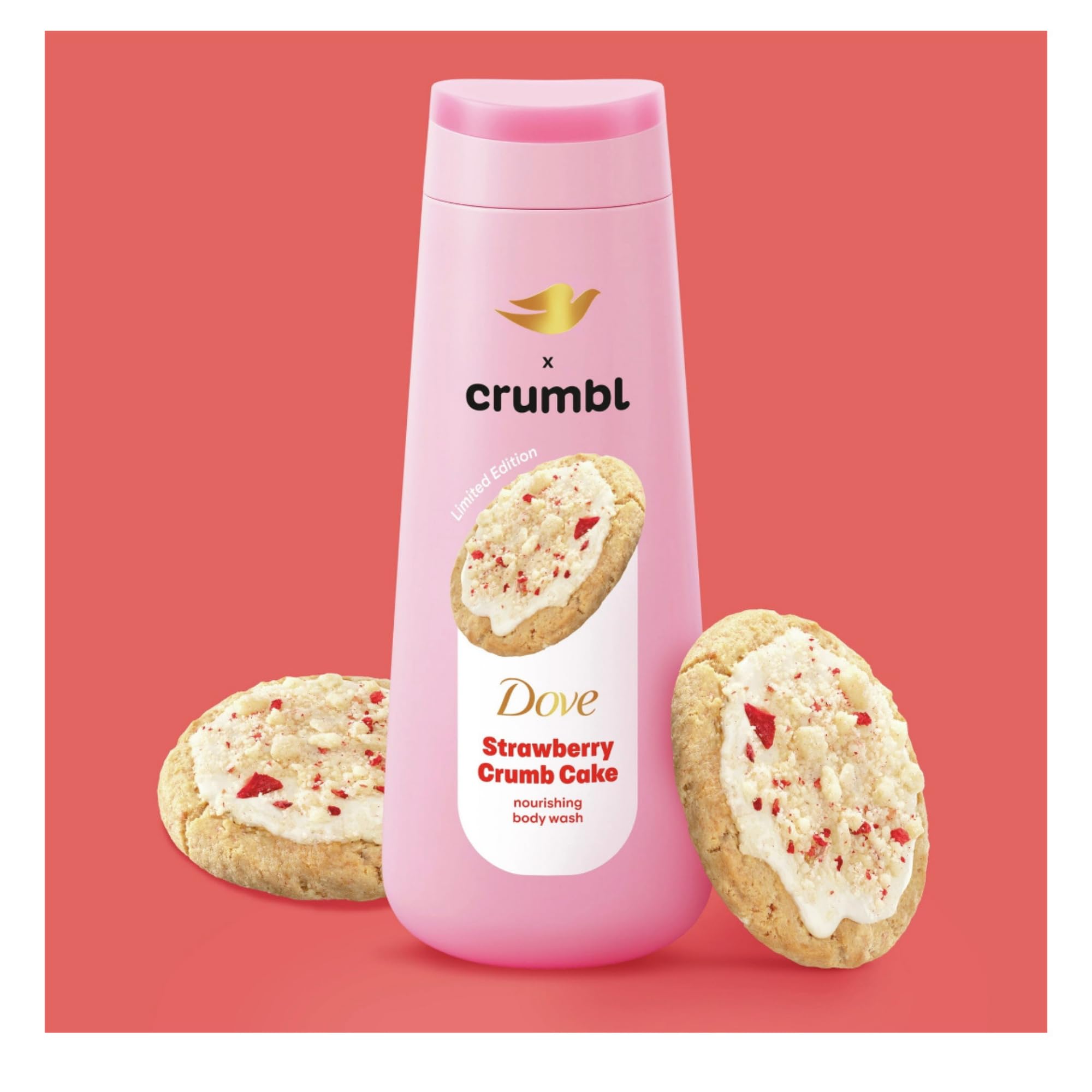Dove Crumbl Scrub texture close-up highlighting creamy particles for smoother skin.