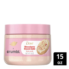 Dove Crumbl Strawberry Crumb Cake scent label close-up for a refreshing shower aroma.