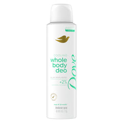 Dove desodorante corporal refrescante con salvia y lavanda, botella visible para uso diario.
