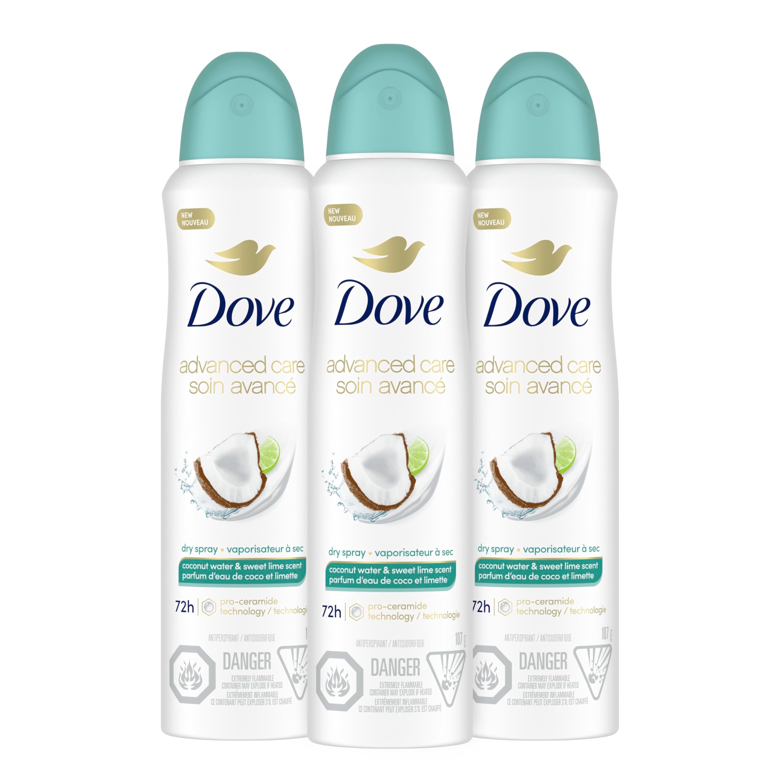 Dove botella con desodorante atomizador seco de coco-lima.