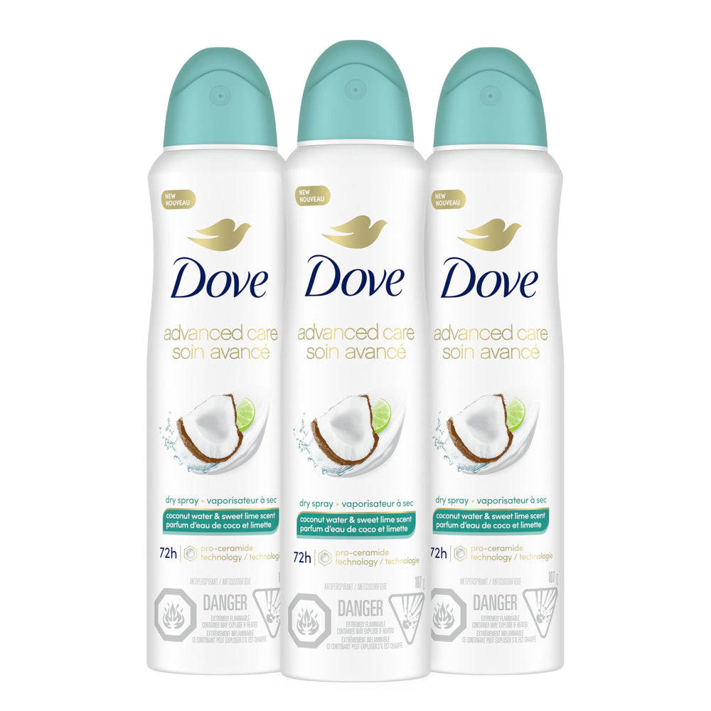 Dove botella con desodorante atomizador seco de coco-lima.