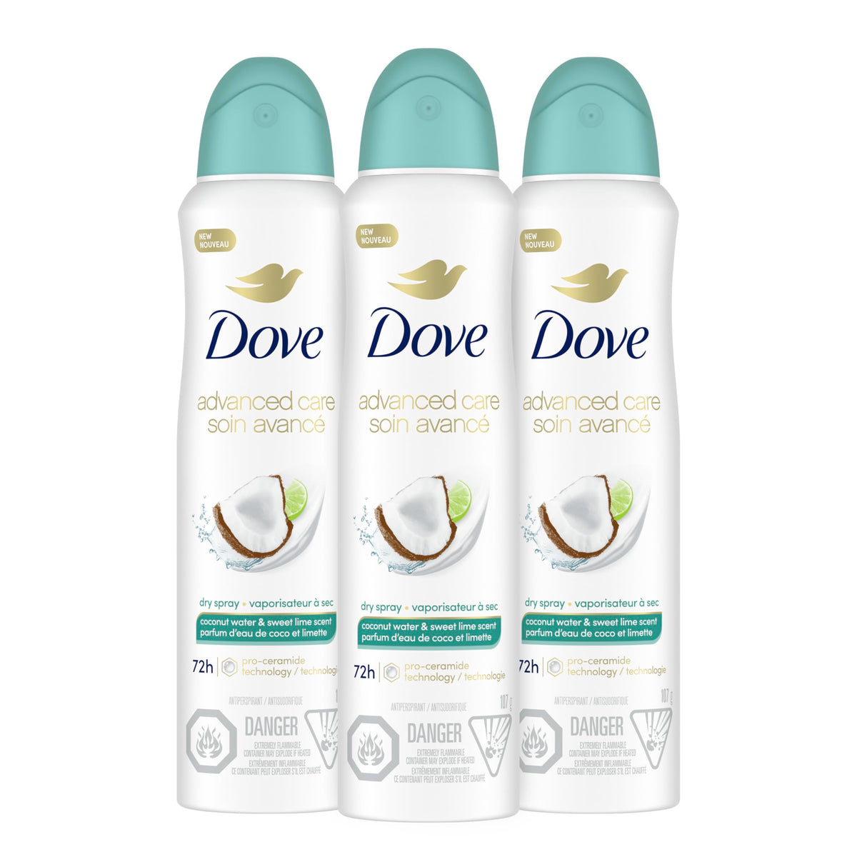 Dove botella con desodorante atomizador seco de coco-lima.