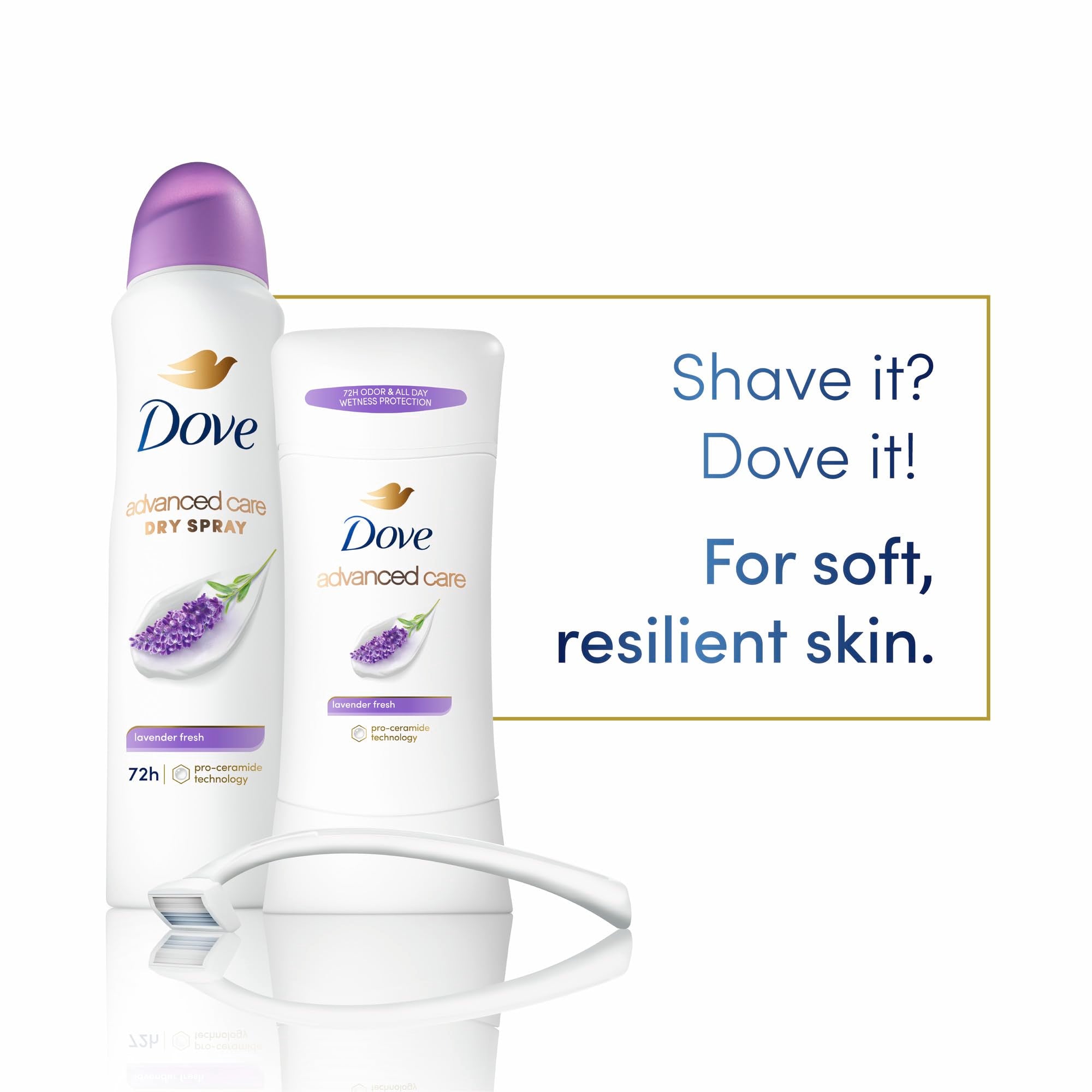 Aroma calmante a lavanda con Dove Cuidado Avanzado Lavanda Fresca.