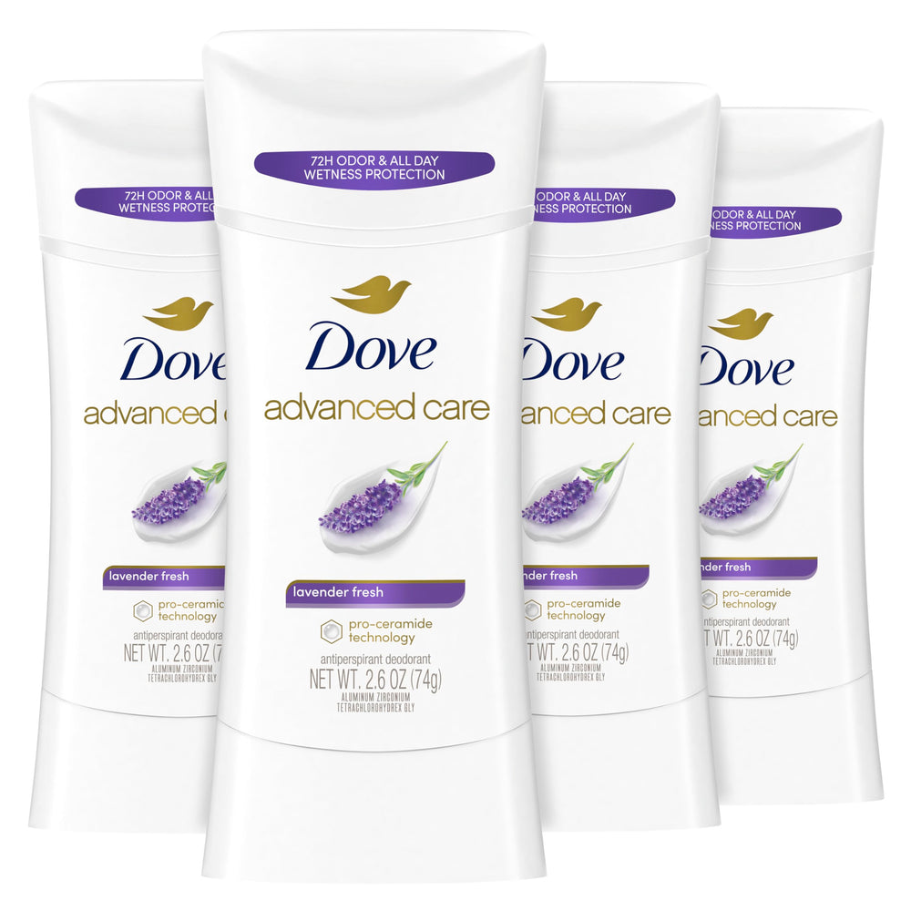 Dove Cuidado Avanzado Lavanda Fresca barra desodorante lista para aplicar.