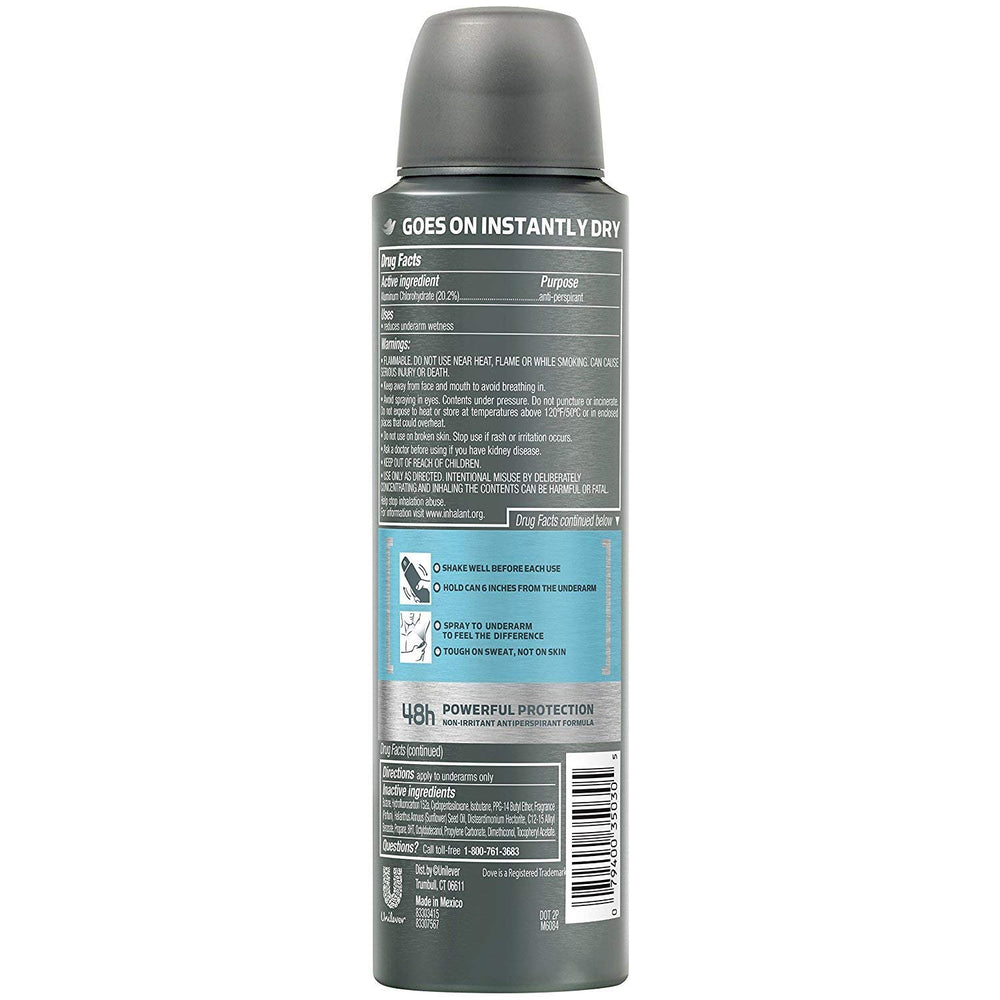 Dove antitranspirante spray, fragancia limpia y masculina, sensación fresca.