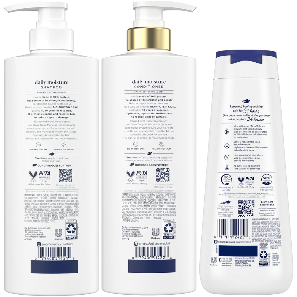 Dove Daily Moisture Conditioner bottle beside hair, detangling for smoother strands.