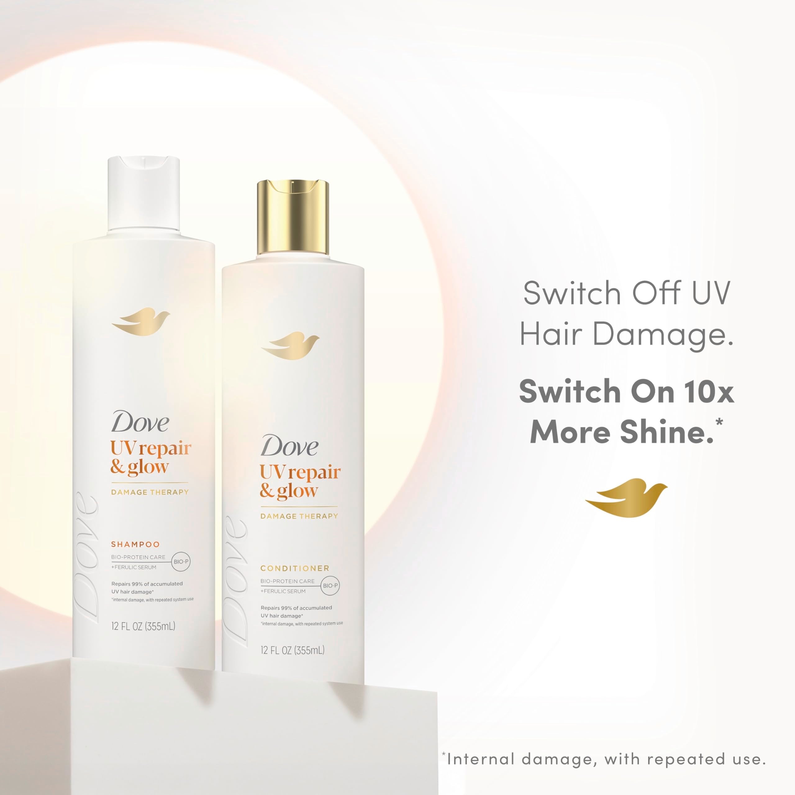 Dove Acondicionador para daño UV, sella cutículas y suaviza la fibra capilar.