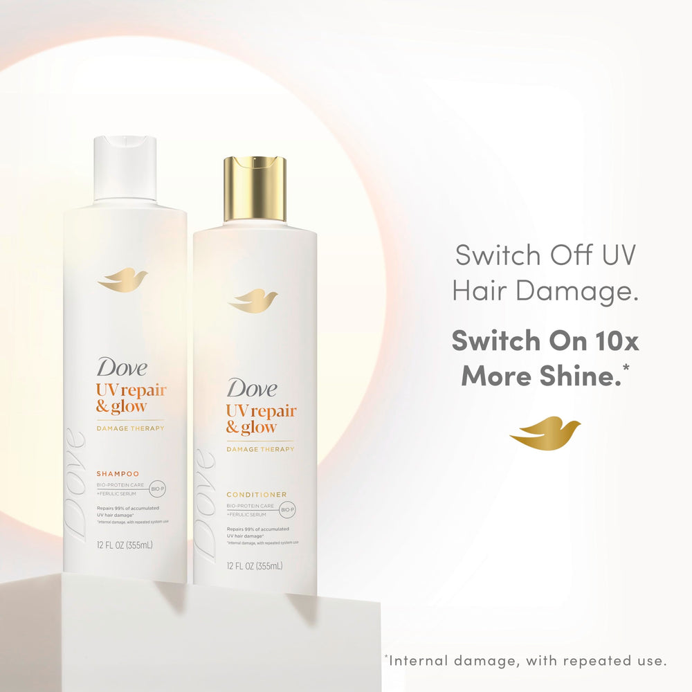 Dove Acondicionador para daño UV, sella cutículas y suaviza la fibra capilar.