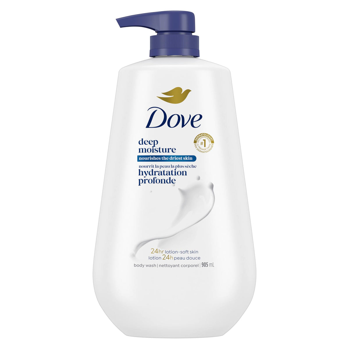 Dove Deep Moisture Body Wash pump provides gentle cleansing and instantly softer skin.