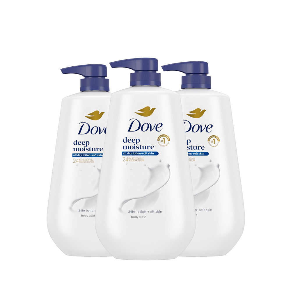 Dove Deep Moisture bottle with pump delivers easy daily cleansing and lasting softness.