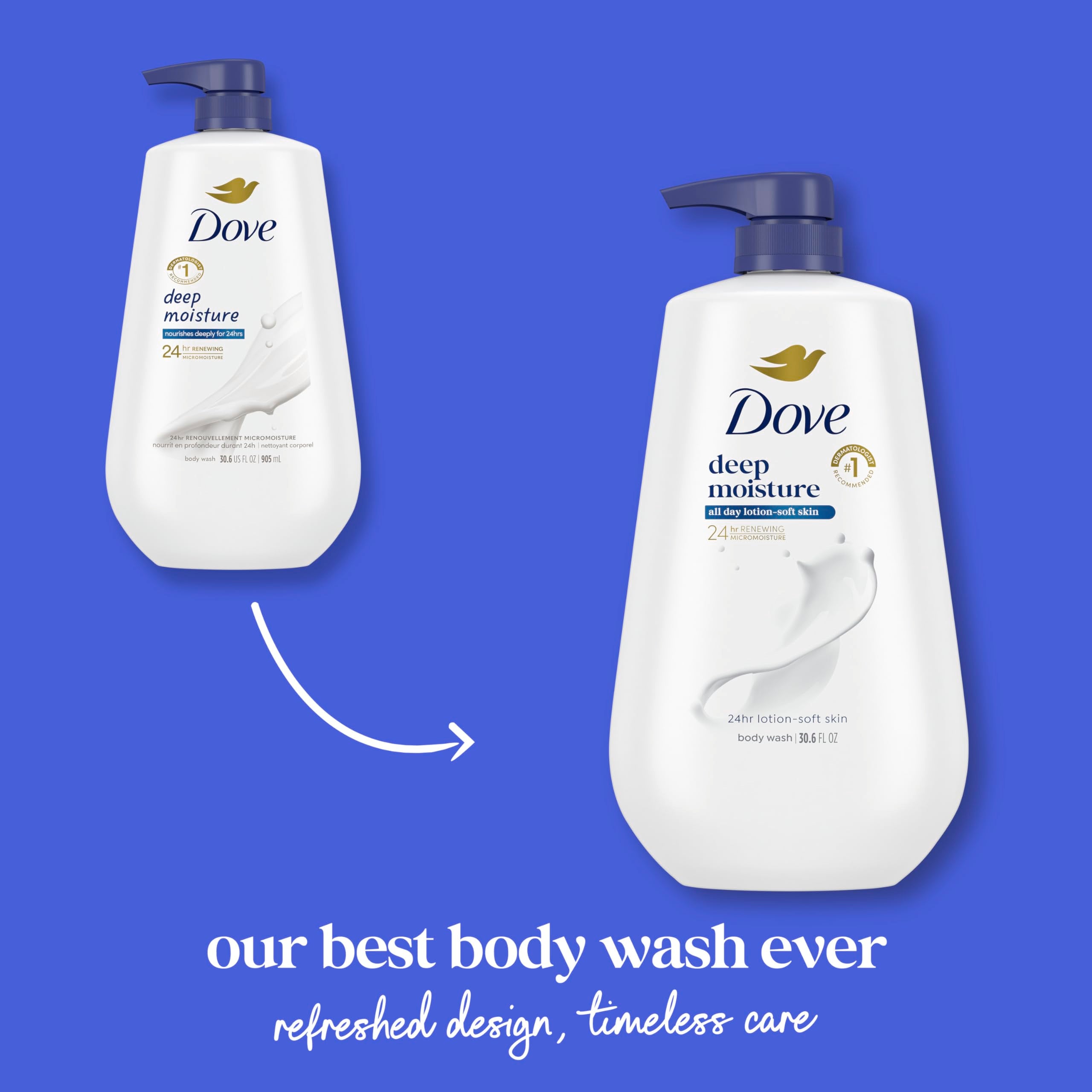 Product packaging shows the 3-count Dove Deep Moisture set for convenience.