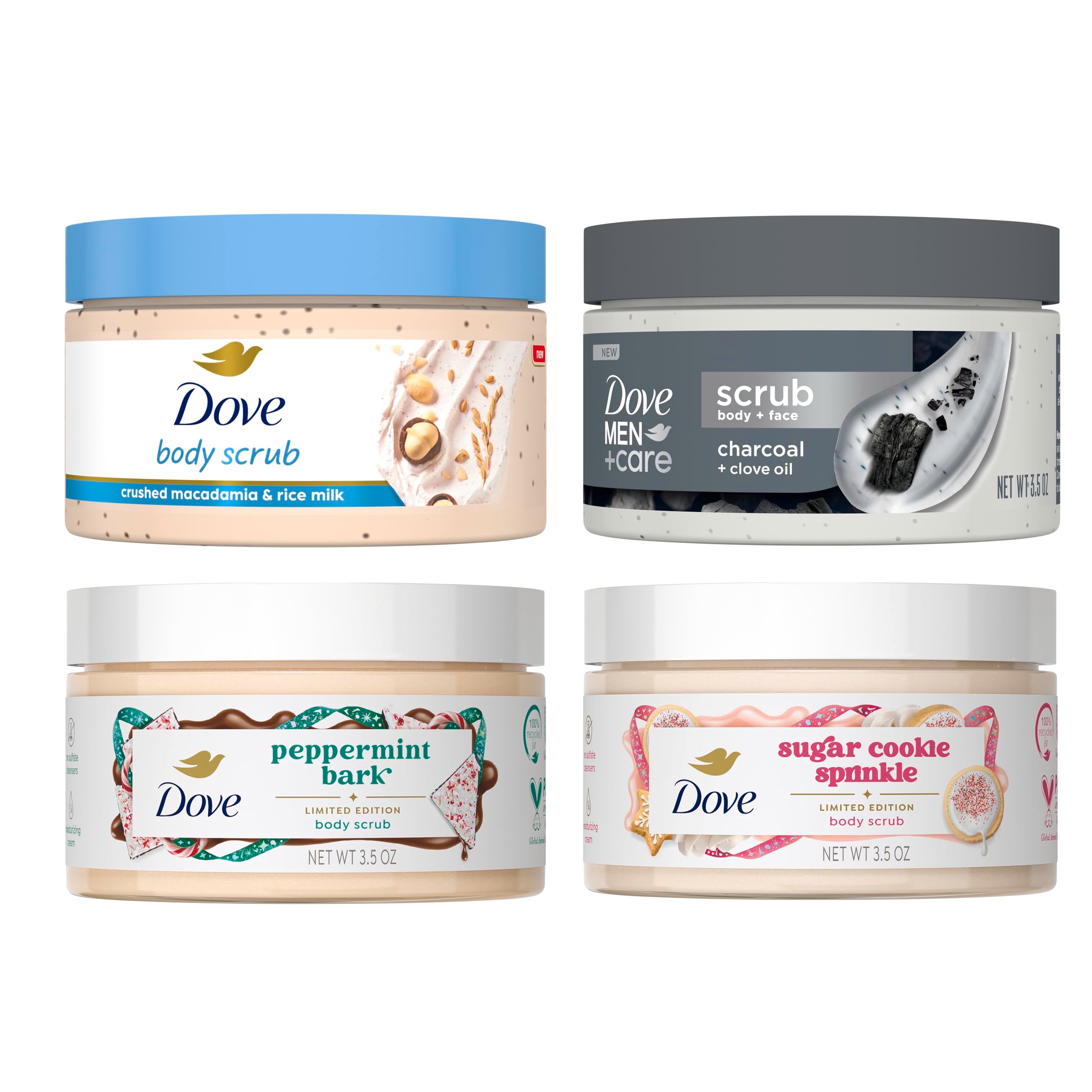Dove Delicias Navideñas: exfoliante mini, frasco, promueve piel suave y fragancia festiva.