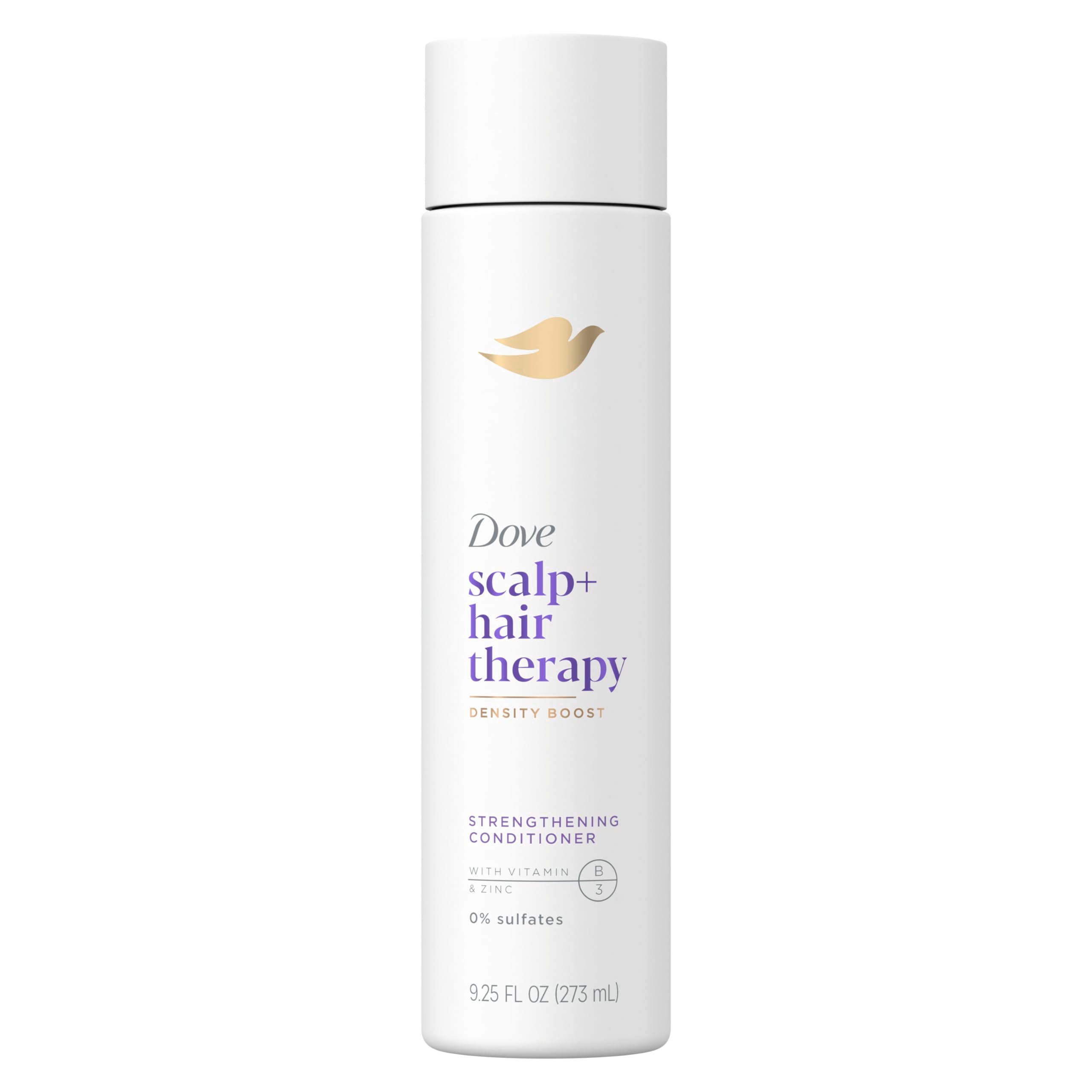 Dove Density Boost bottle pour highlights 0% sulfates and scalp nourishment.