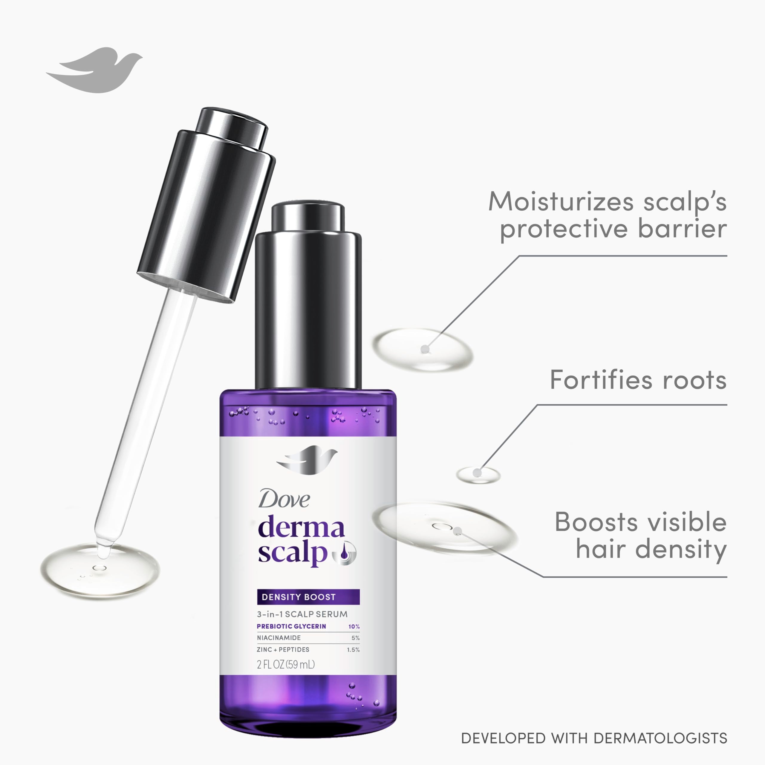 Dove Density Boost Serum, aplicación en templos para cobertura del cuero cabelludo.