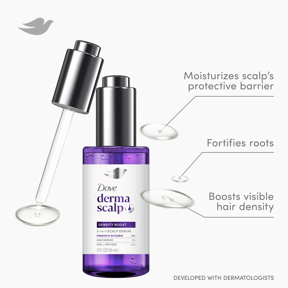 Dove Density Boost Serum, aplicación en templos para cobertura del cuero cabelludo.