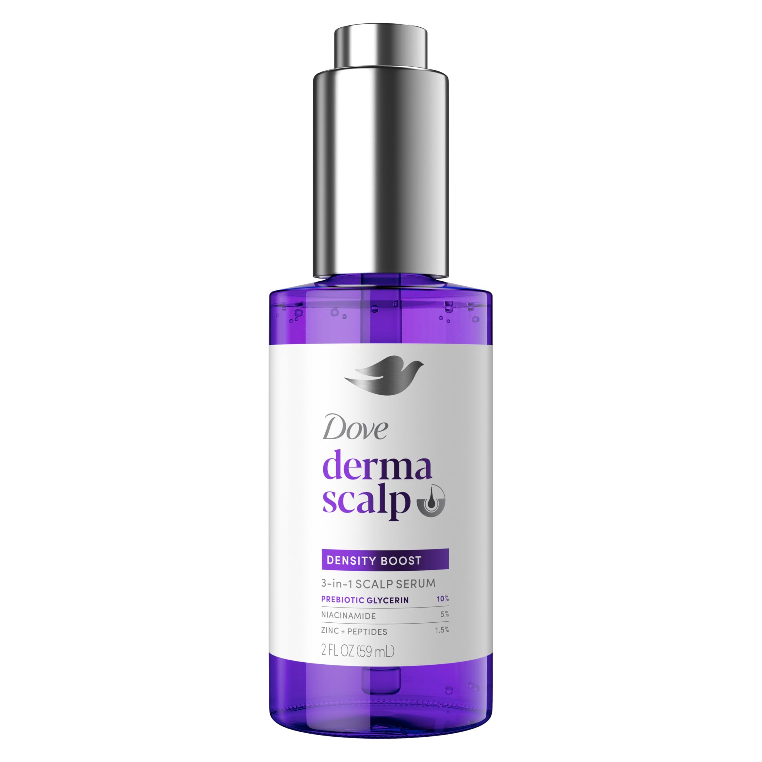 Dove Density Boost Serum, botella, hidrata suavemente el cuero cabelludo para mejor cuidado diario.