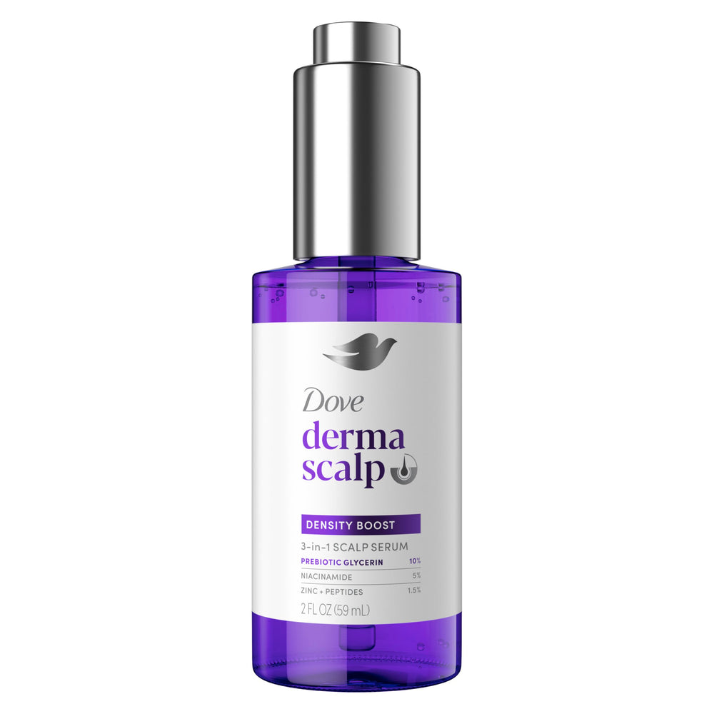 Dove Density Boost Serum, botella, hidrata suavemente el cuero cabelludo para mejor cuidado diario.