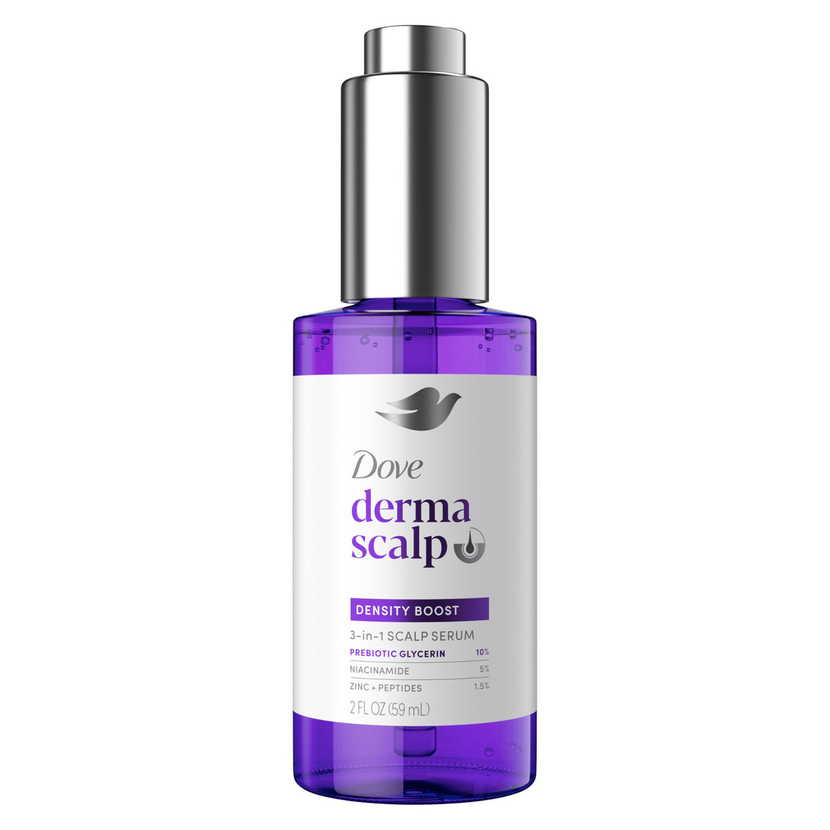 Dove Density Boost Serum, botella, hidrata suavemente el cuero cabelludo para mejor cuidado diario.