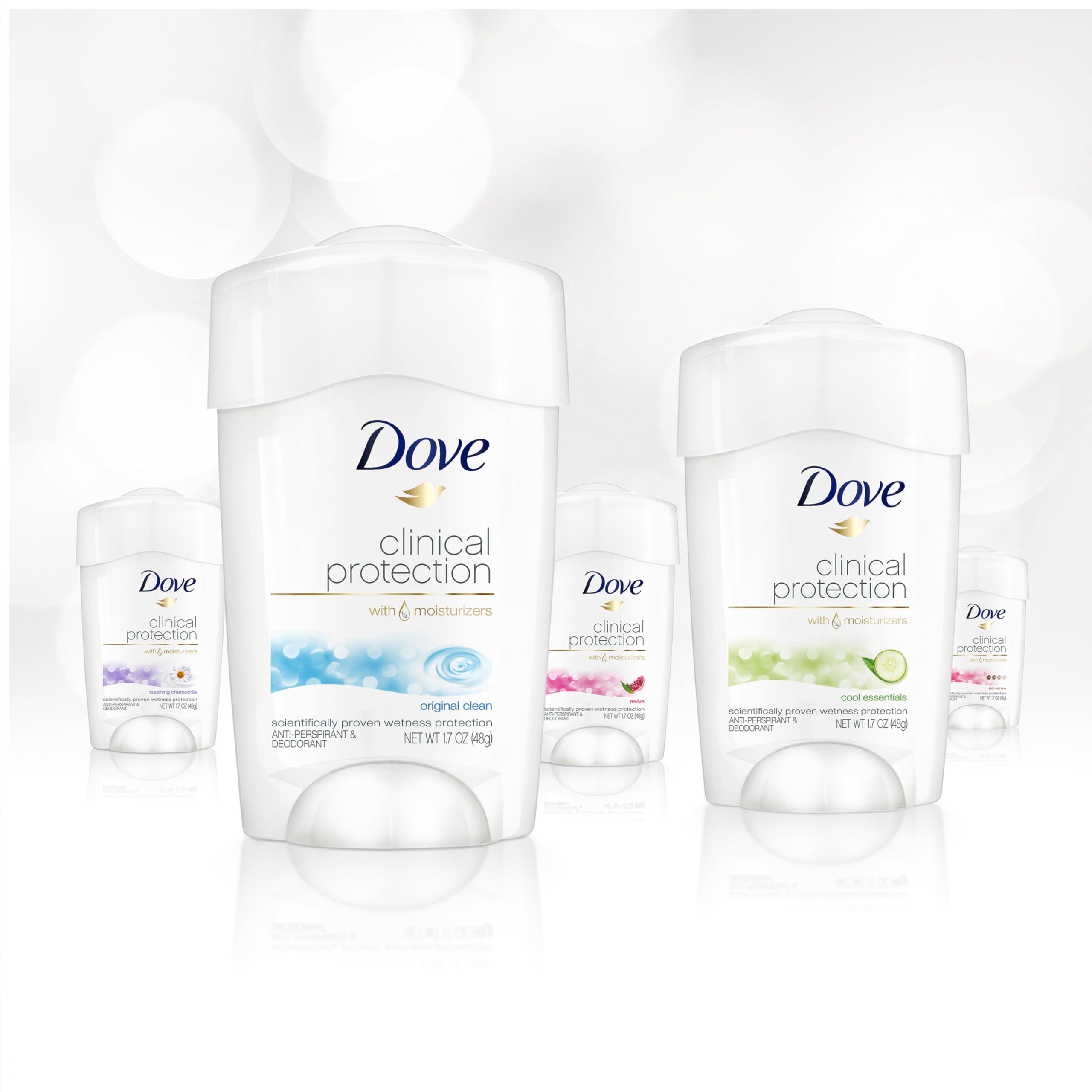 Dove Clinical Protection packaging highlights a three-stick variety for women.