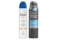 Dove Deodorant Pack of 6 showing original and men+care sprays for all-day freshness