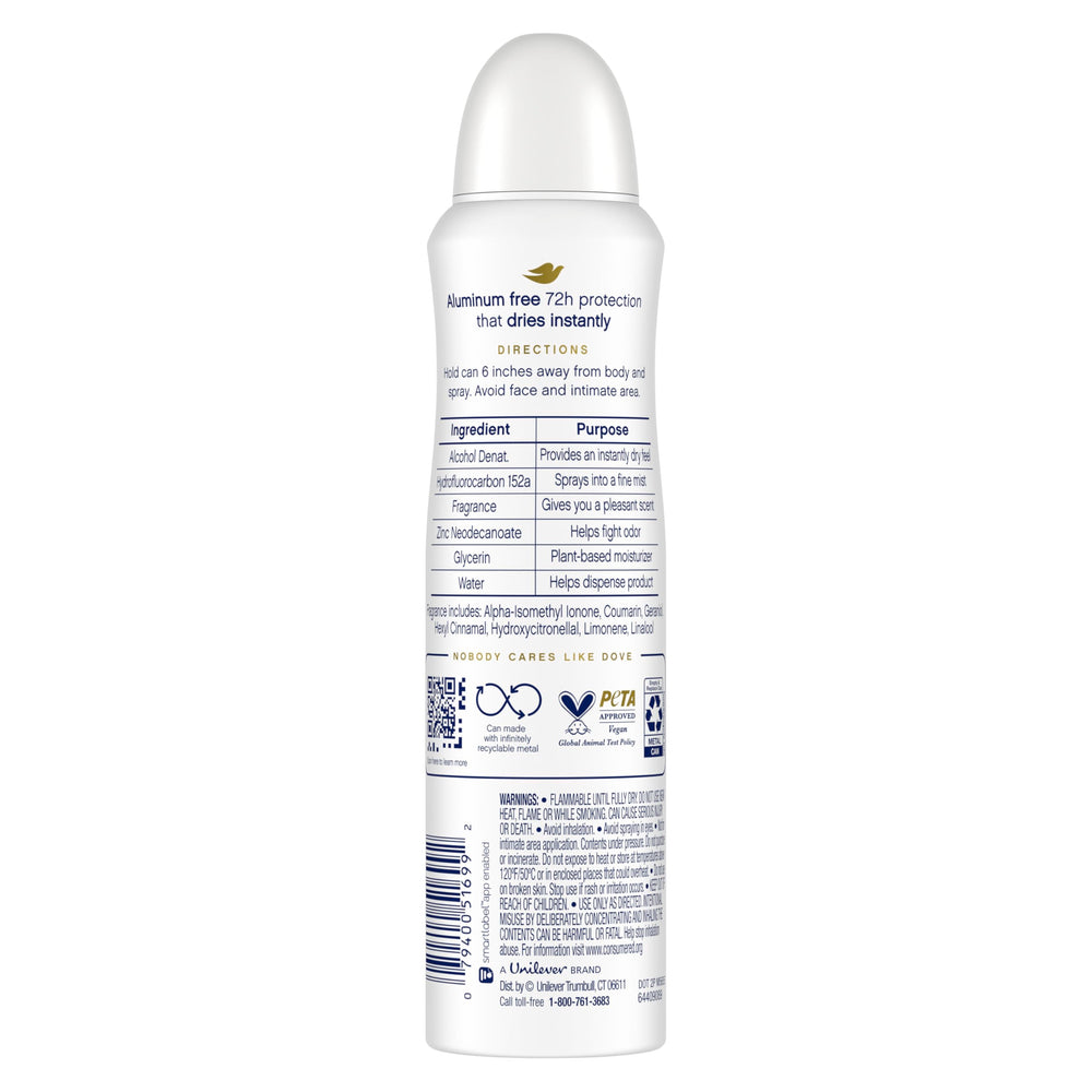 Dove deodorant spray applied at six inches ensures even coverage.