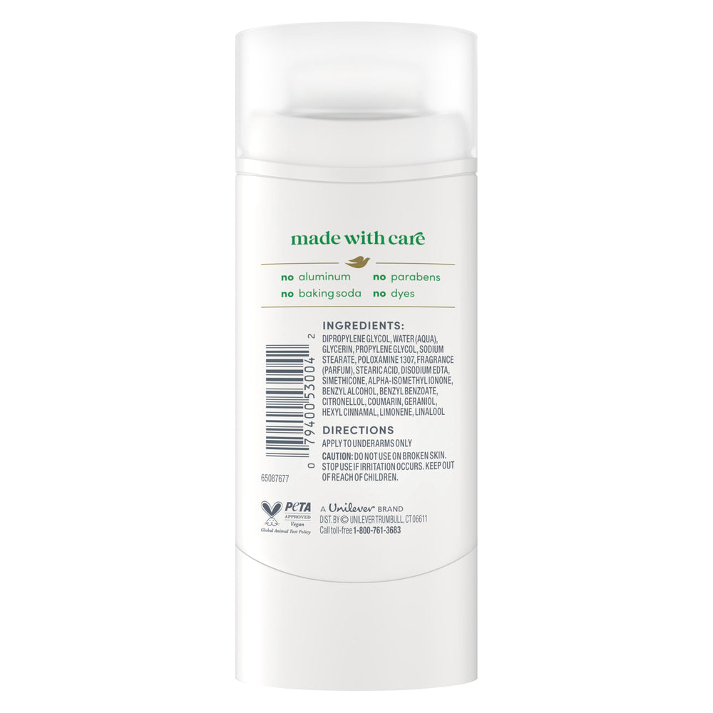 Dove aluminum-free deodorant stick packaging shown for daily use.