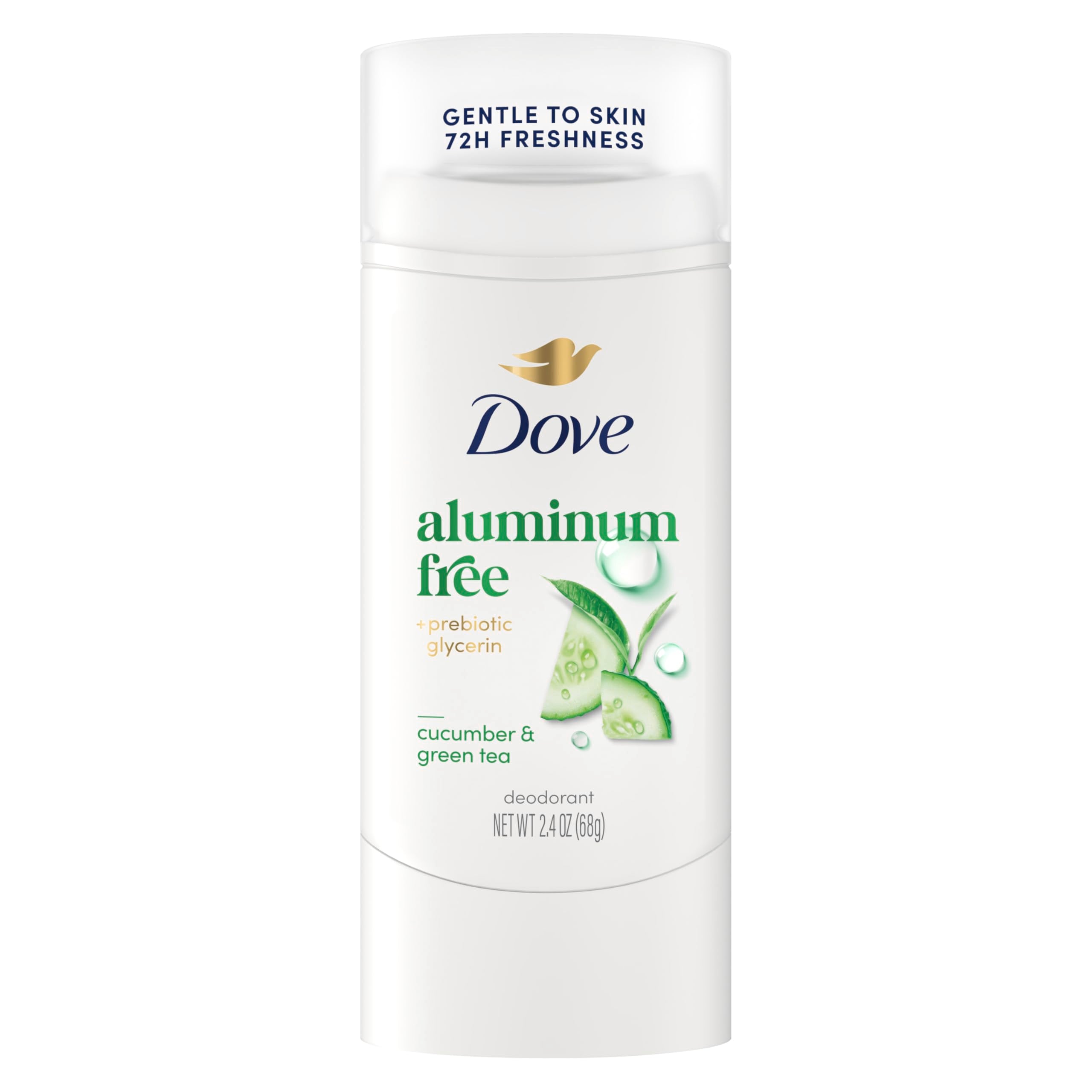 Dove aluminum-free deodorant stick with cucumber-green-tea scent for lasting freshness.