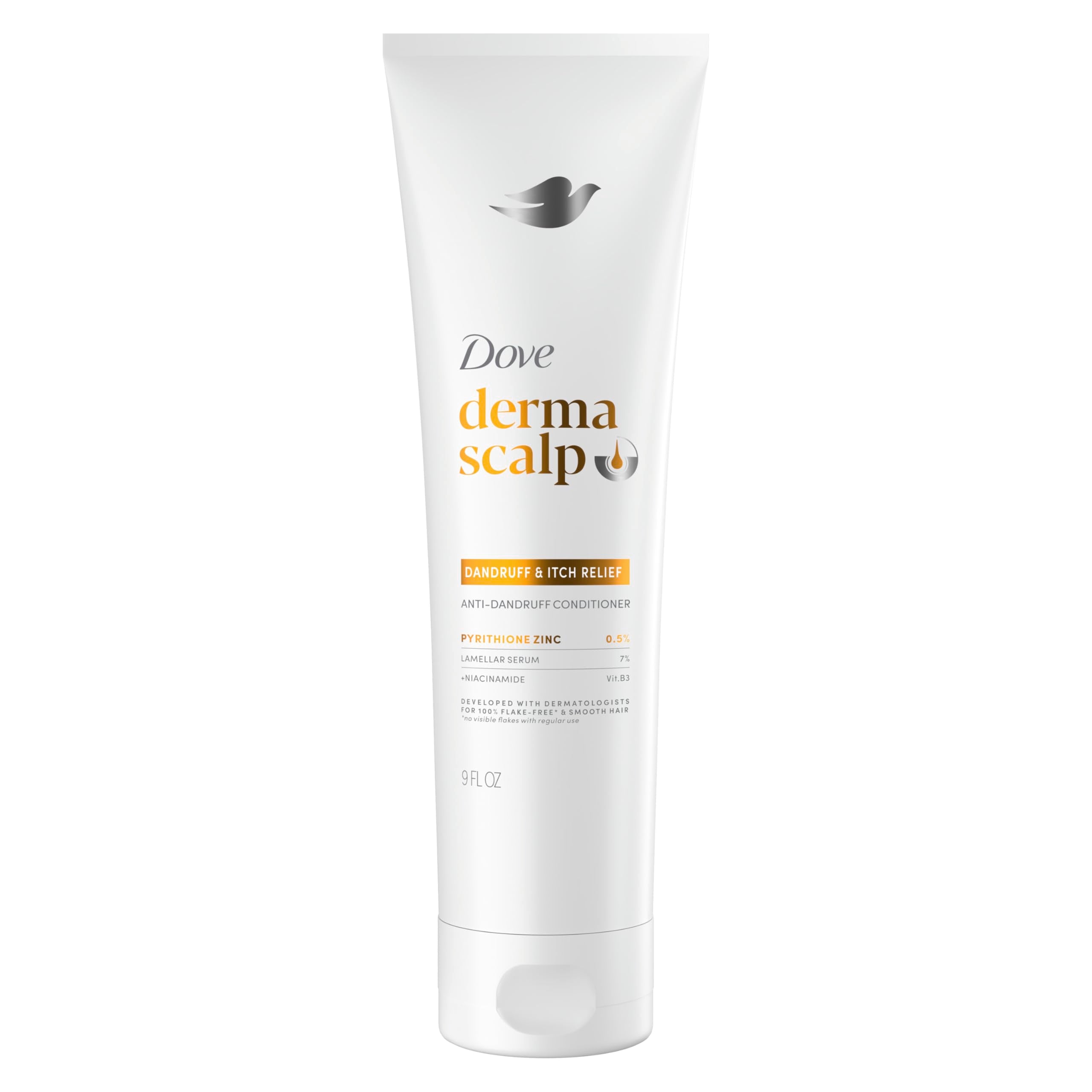 Dove Derma Scalp Conditioner bottle pour showing dandruff relief and scalp care