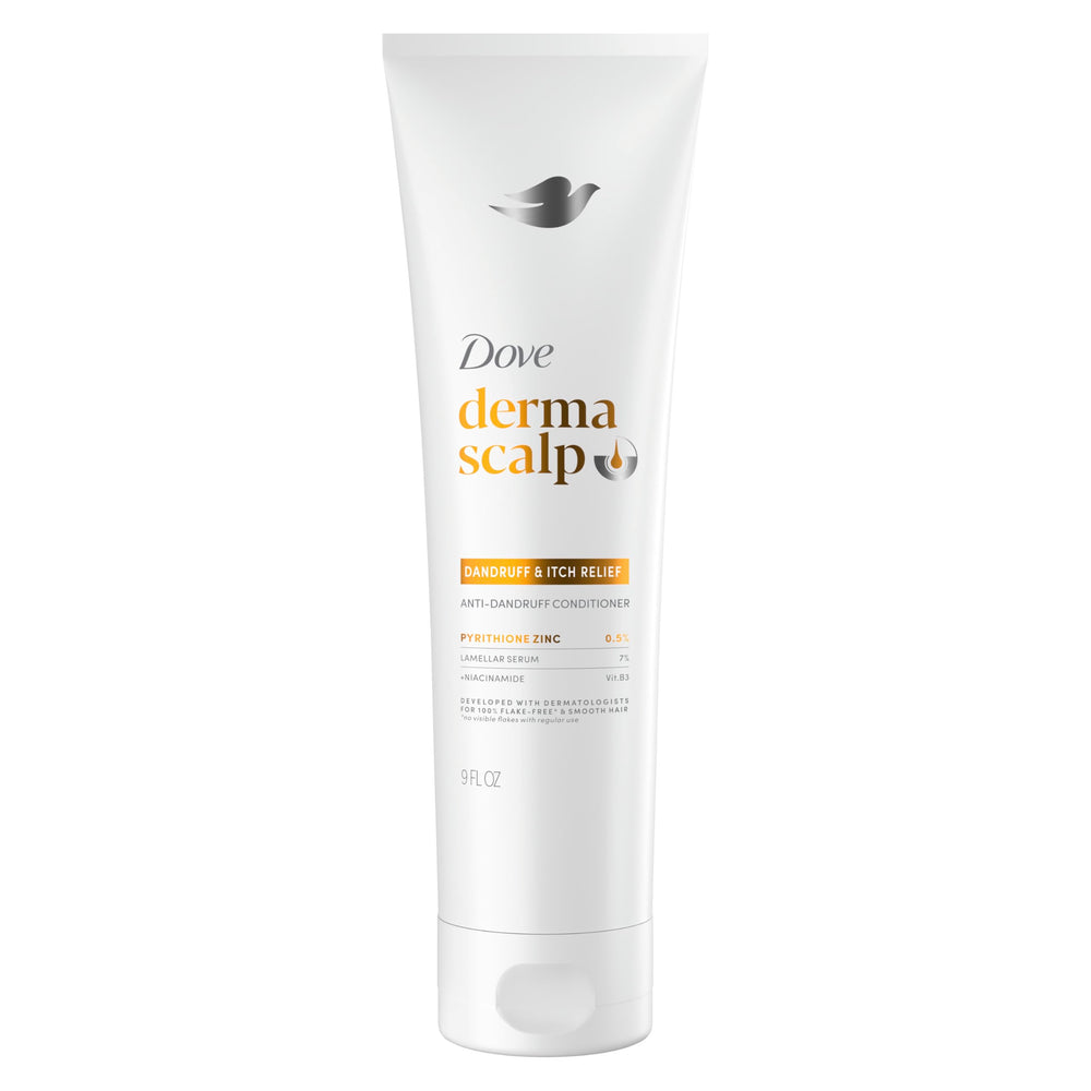 Dove Derma Scalp Conditioner bottle pour showing dandruff relief and scalp care