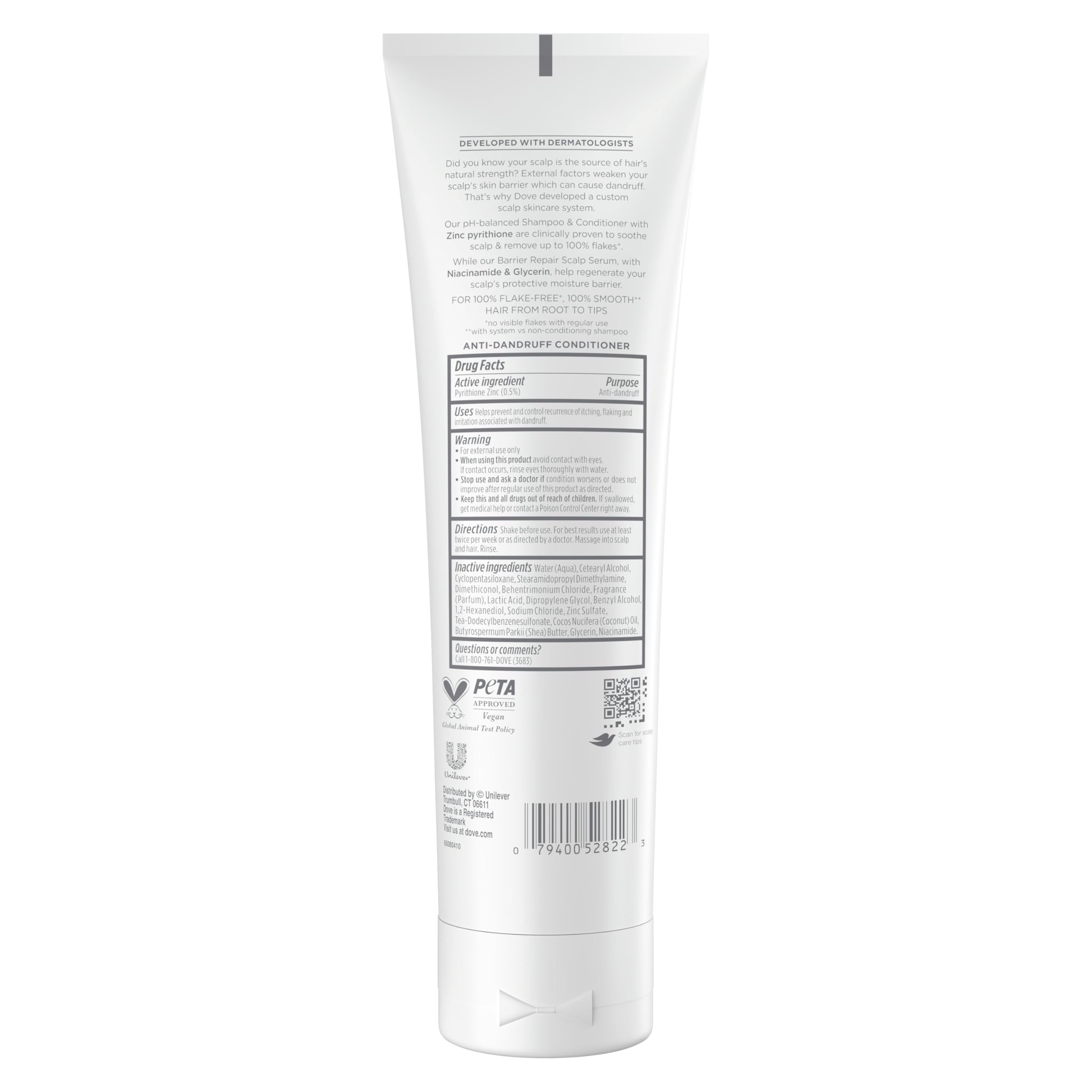 Dove Derma Scalp Conditioner close-up label highlighting zinc pyrithione for dandruff management