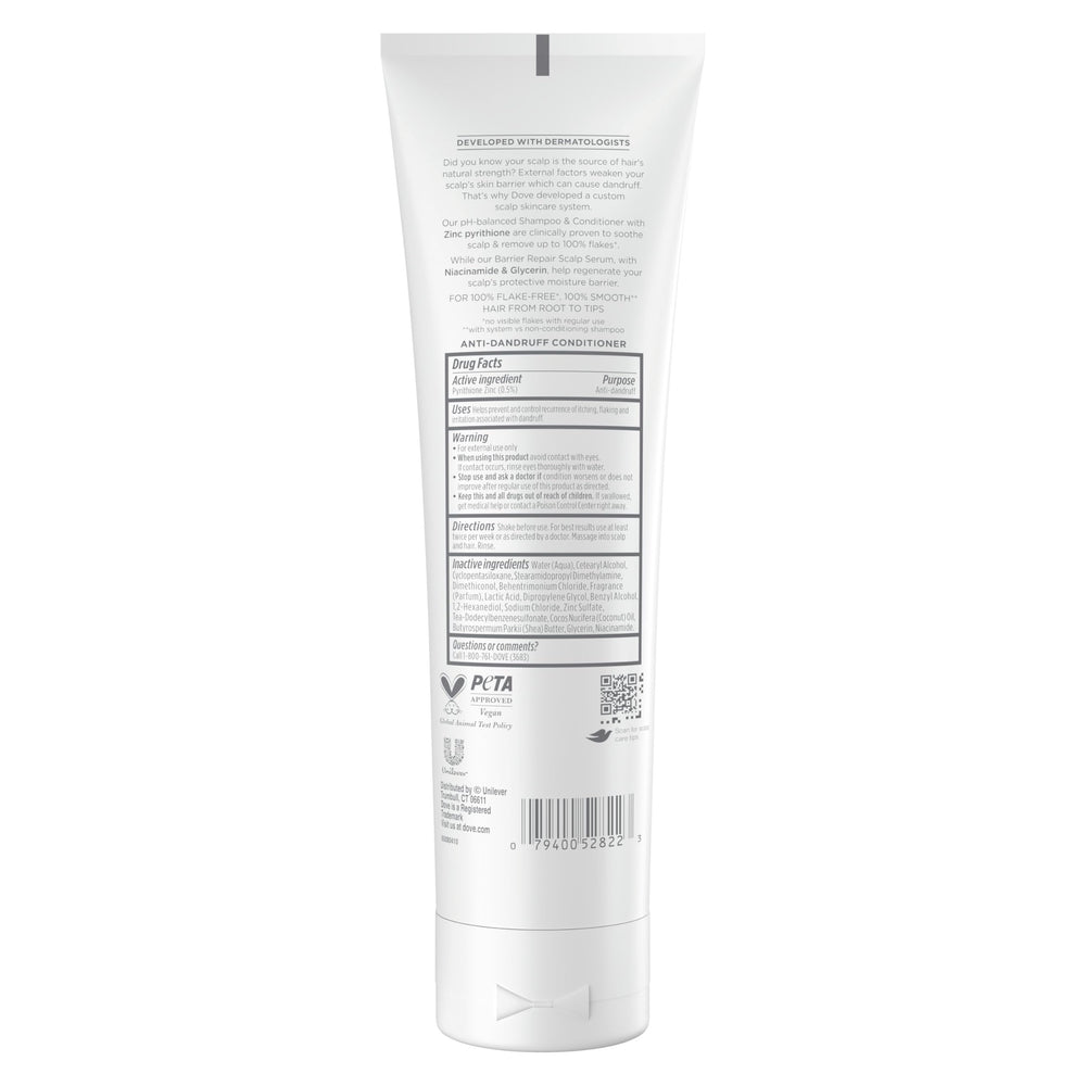 Dove Derma Scalp Conditioner close-up label highlighting zinc pyrithione for dandruff management