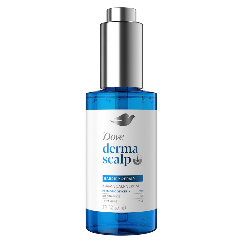 Dove Derma Scalp Serum en envase, cuida el cuero cabelludo con suavidad.
